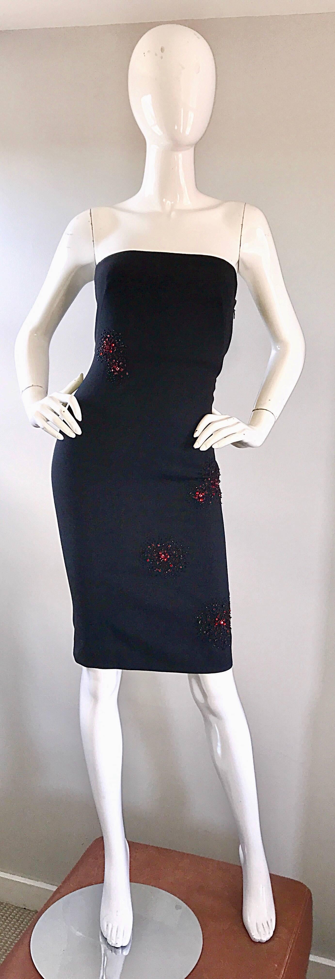 Sexy vintage early 90s GIANNI VERSACE COUTURE black wool and silk bodcon strapless dress! Features black and red crystals, sequins and beads in clusters throughout. Impeccably constructed, with heavy attention to details. Boned bodice keeps
