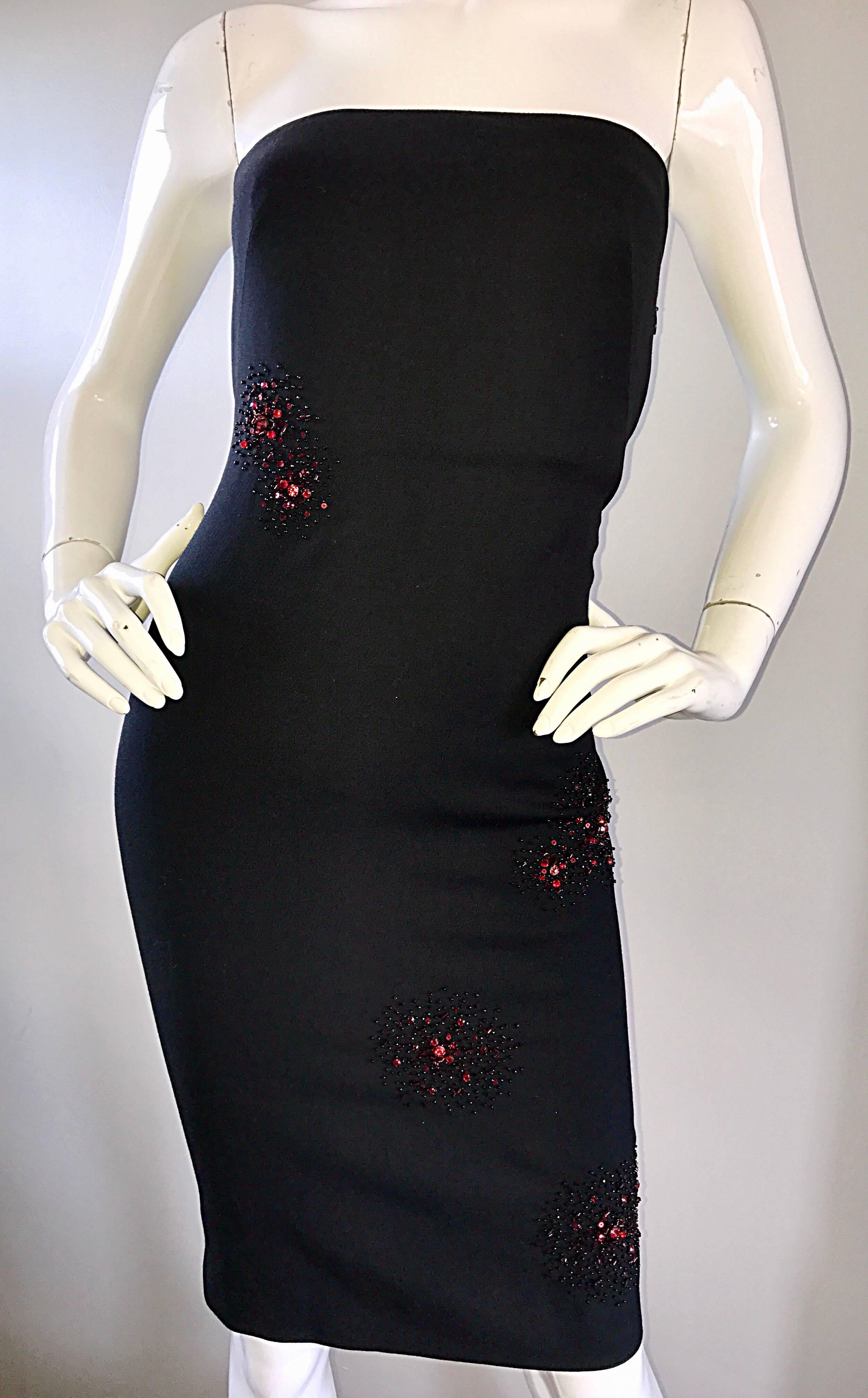 1990s Gianni Versace Couture Black + Red Strapless Beaded Bodycon Vintage Dress For Sale 1