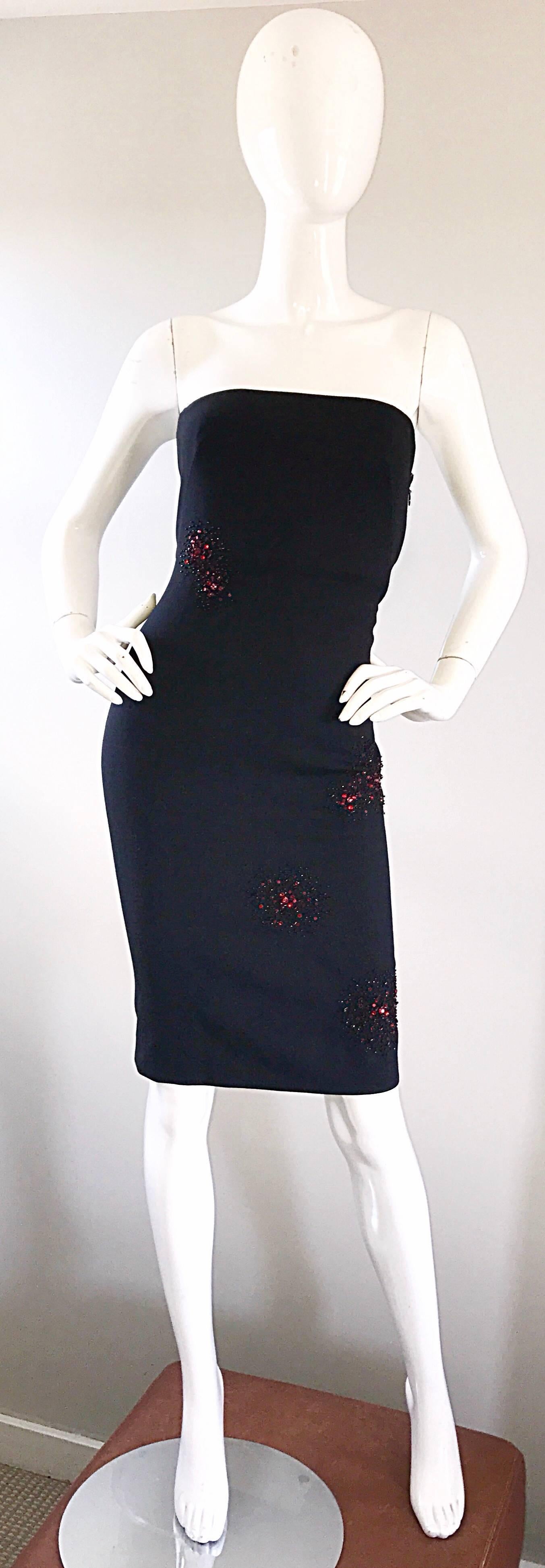 1990s Gianni Versace Couture Black + Red Strapless Beaded Bodycon Vintage Dress For Sale 4