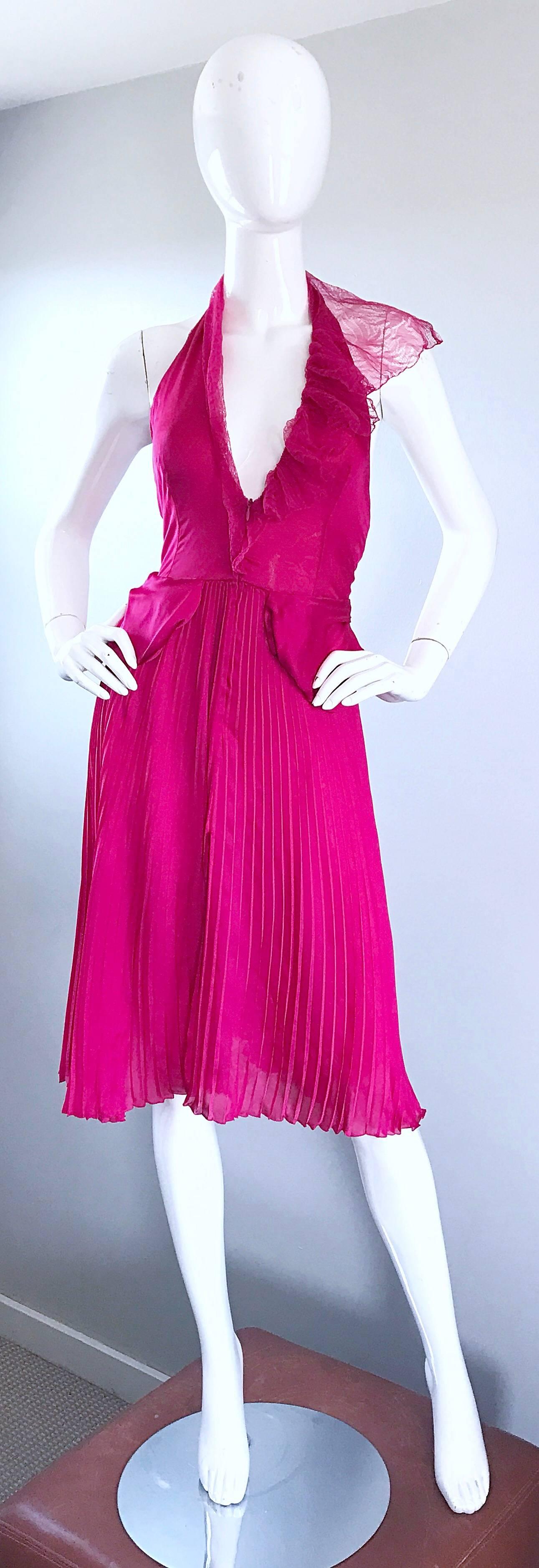 Sexy 1990s GIANNI VERSACE COUTURE (Pre-death) hot pink Avant Garde silk halter dress! Pays an ombage to Marilyn Monroe in her white TRAVILLA dress! So much work went into the construction of this beauty! Features a built in bodysuit to ensure proper