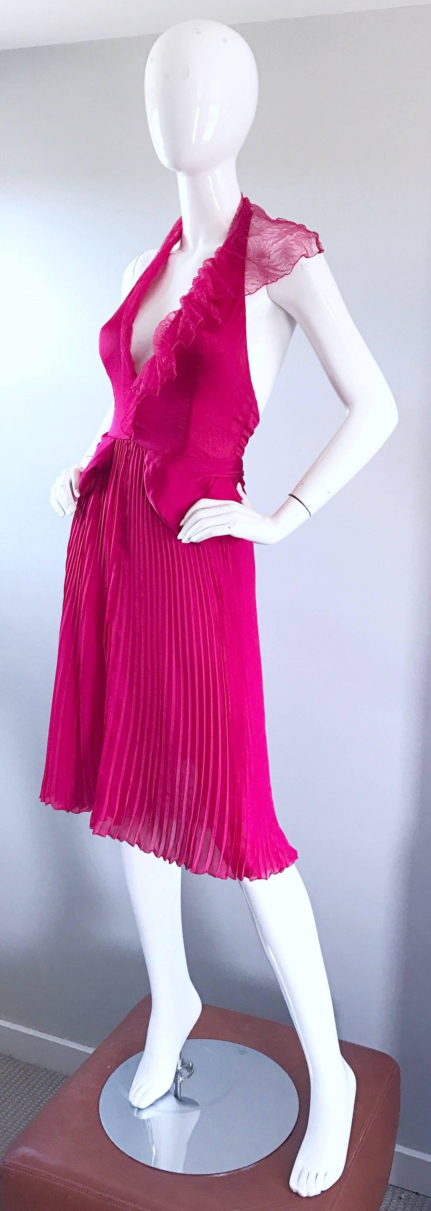 Women's 1990s Gianni Versace Couture Hot Pink Fuchsia Silk Vintage 90s Halter Dress 
