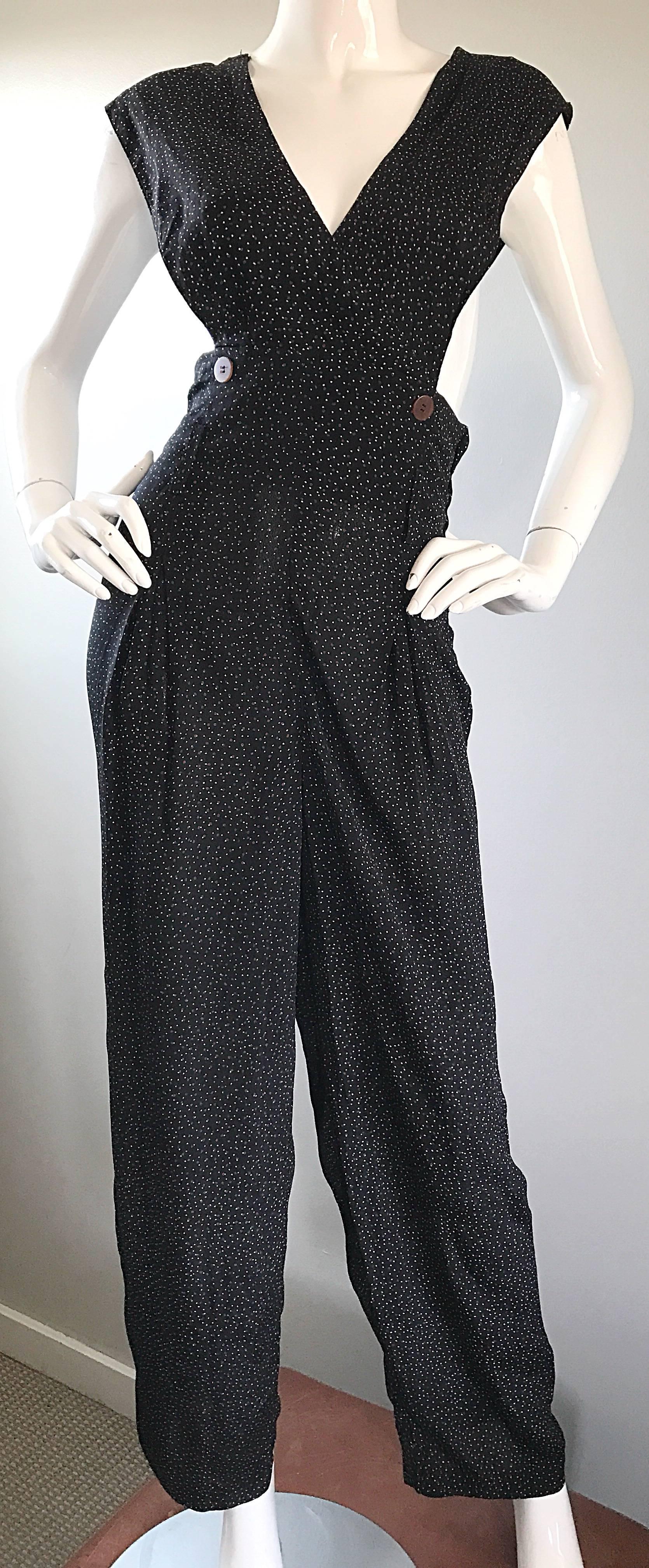 Women's Avant Garde Vintage Shelli Segal 1990s Black + Brown + White Polka Dot Jumpsuit For Sale