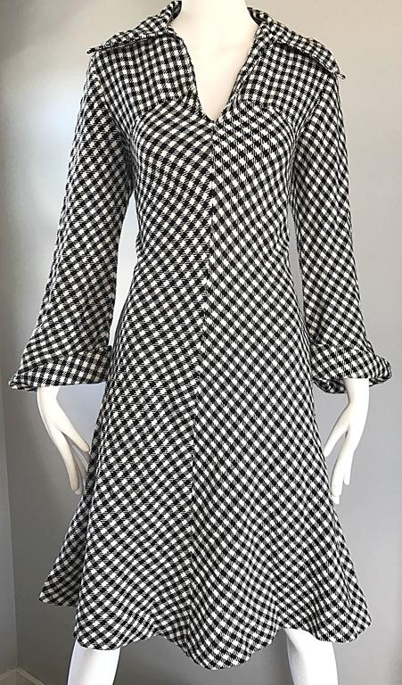 Chic 1960s Black and White Gingham Long Sleeve A - Line Vintage 60s ...