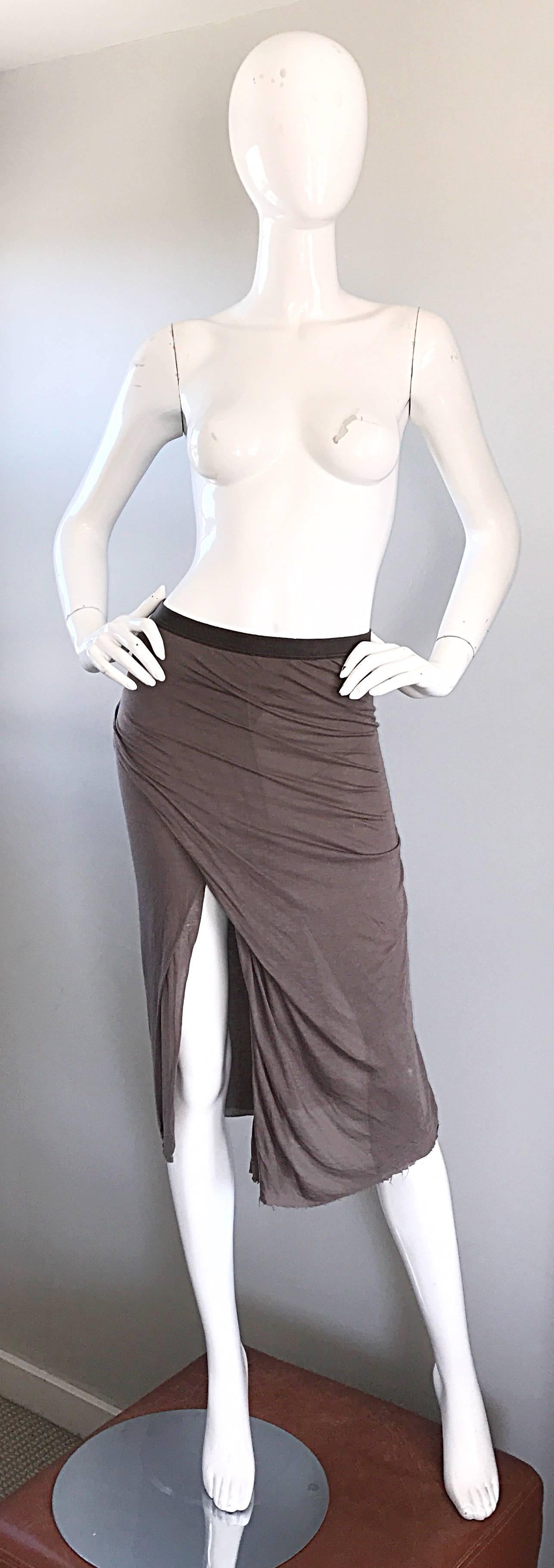 Signature RICK OWENS asymmetrical bodcon skirt or strapless tunic top in 'dust' color! Double layered soft rayon and cotton blend. So much detail to this little gem! Stretches to fit. Unfinished hem with a slit up the side hem. Elastic waistband.