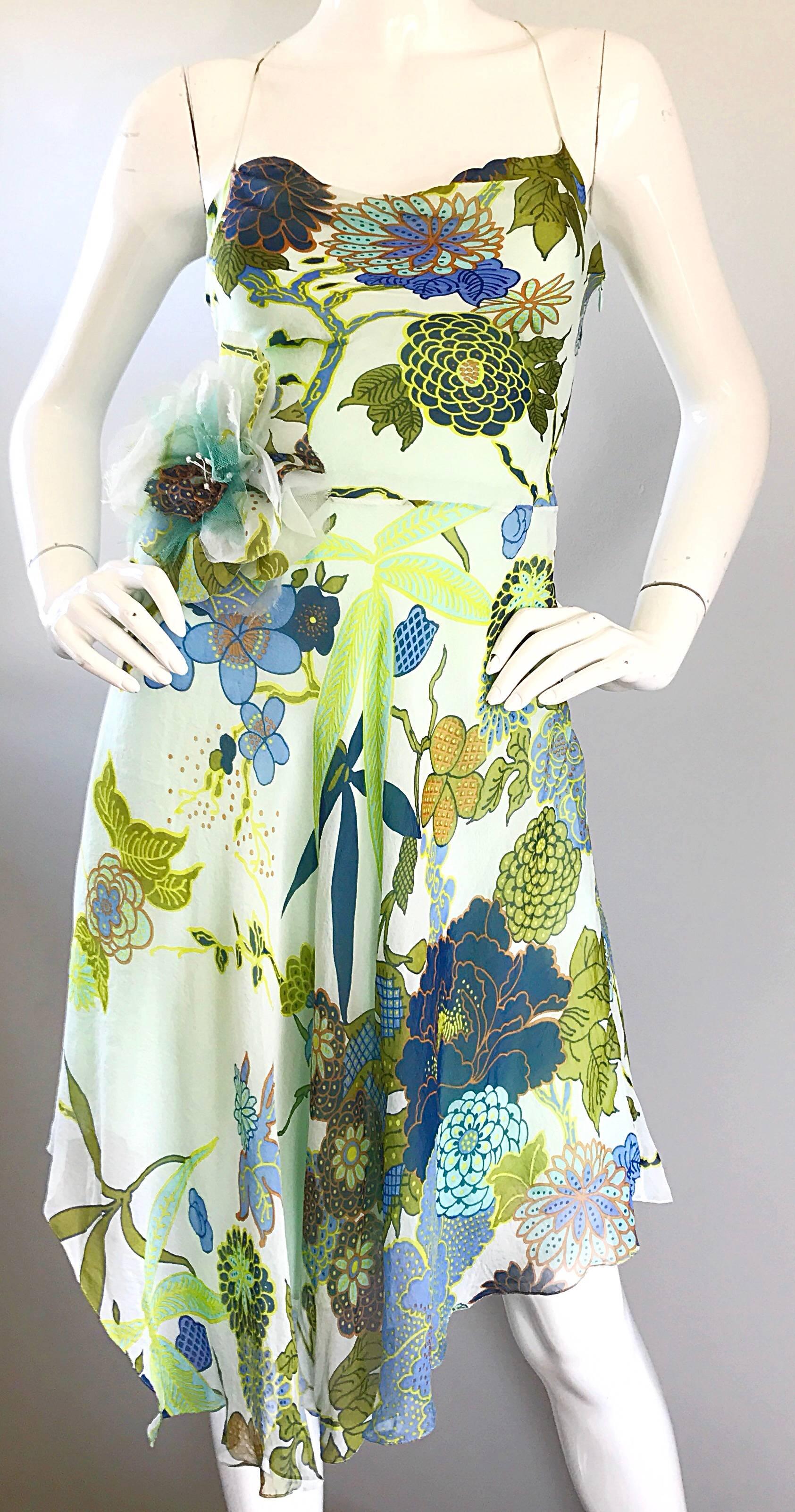 Beige Beautiful 1990s Jenny Packham Silk Chiffon Flower Printed Handkerchief Hem Dress For Sale