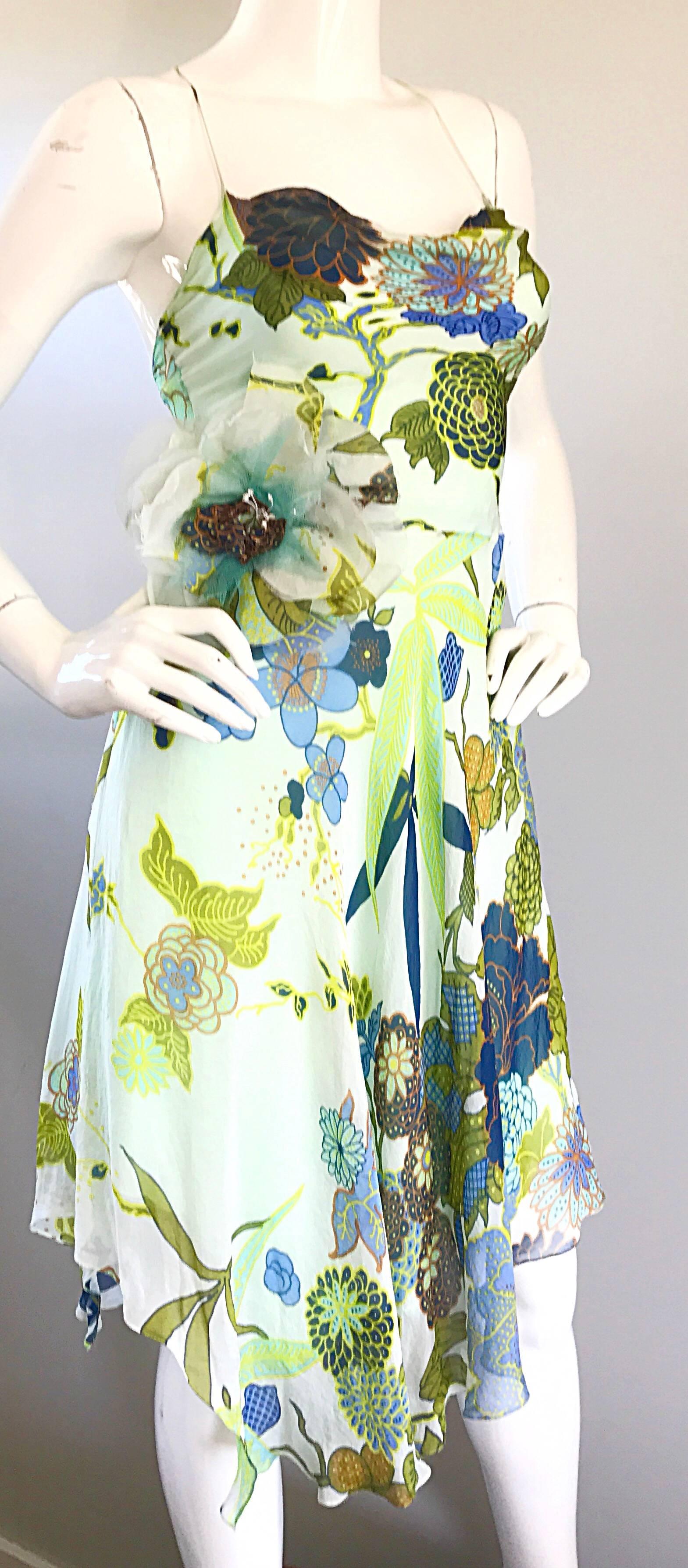 Women's Beautiful 1990s Jenny Packham Silk Chiffon Flower Printed Handkerchief Hem Dress For Sale