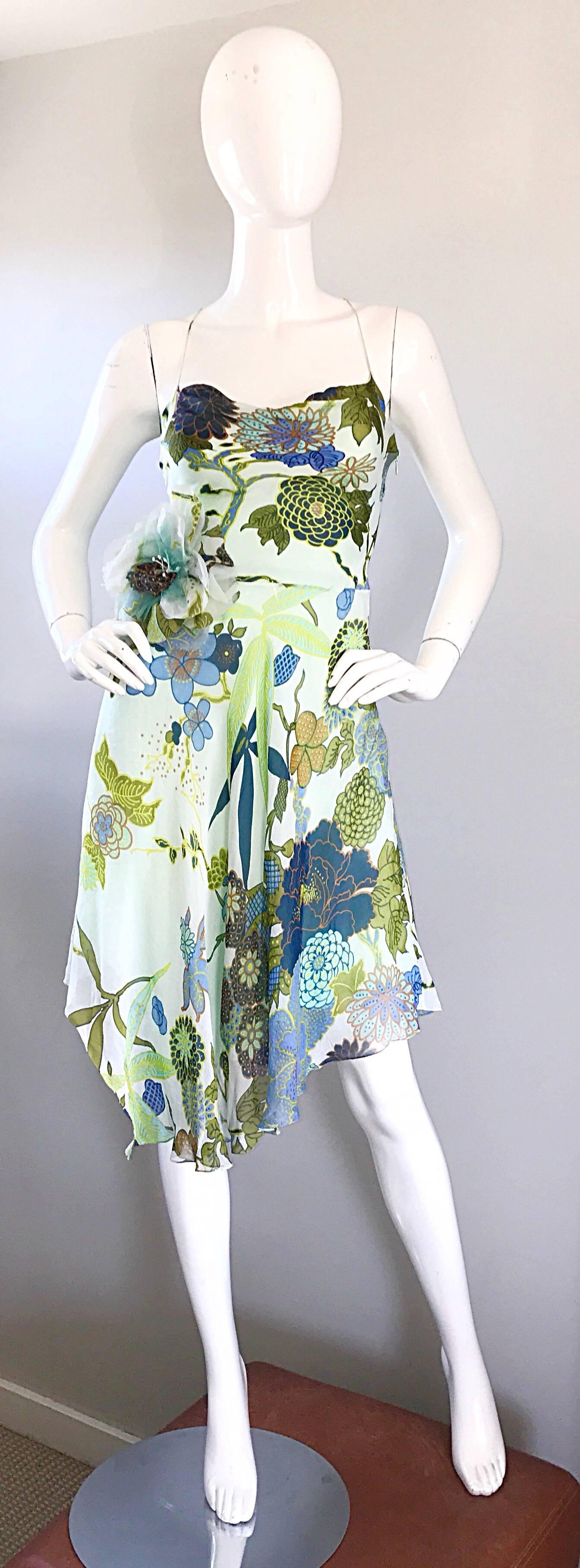 Beautiful 1990s Jenny Packham Silk Chiffon Flower Printed Handkerchief Hem Dress For Sale 1