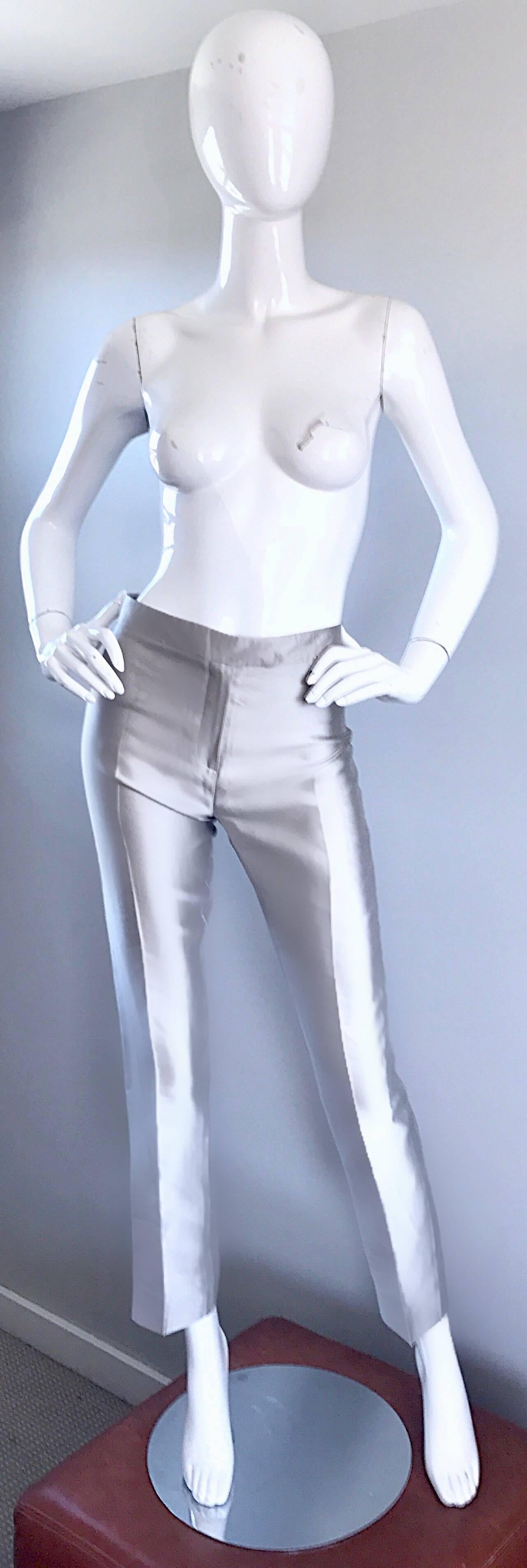 Oscar de la Renta 1990s Silver Metallic Size 2 High Waist Skinny Cigarette Pants For Sale 2