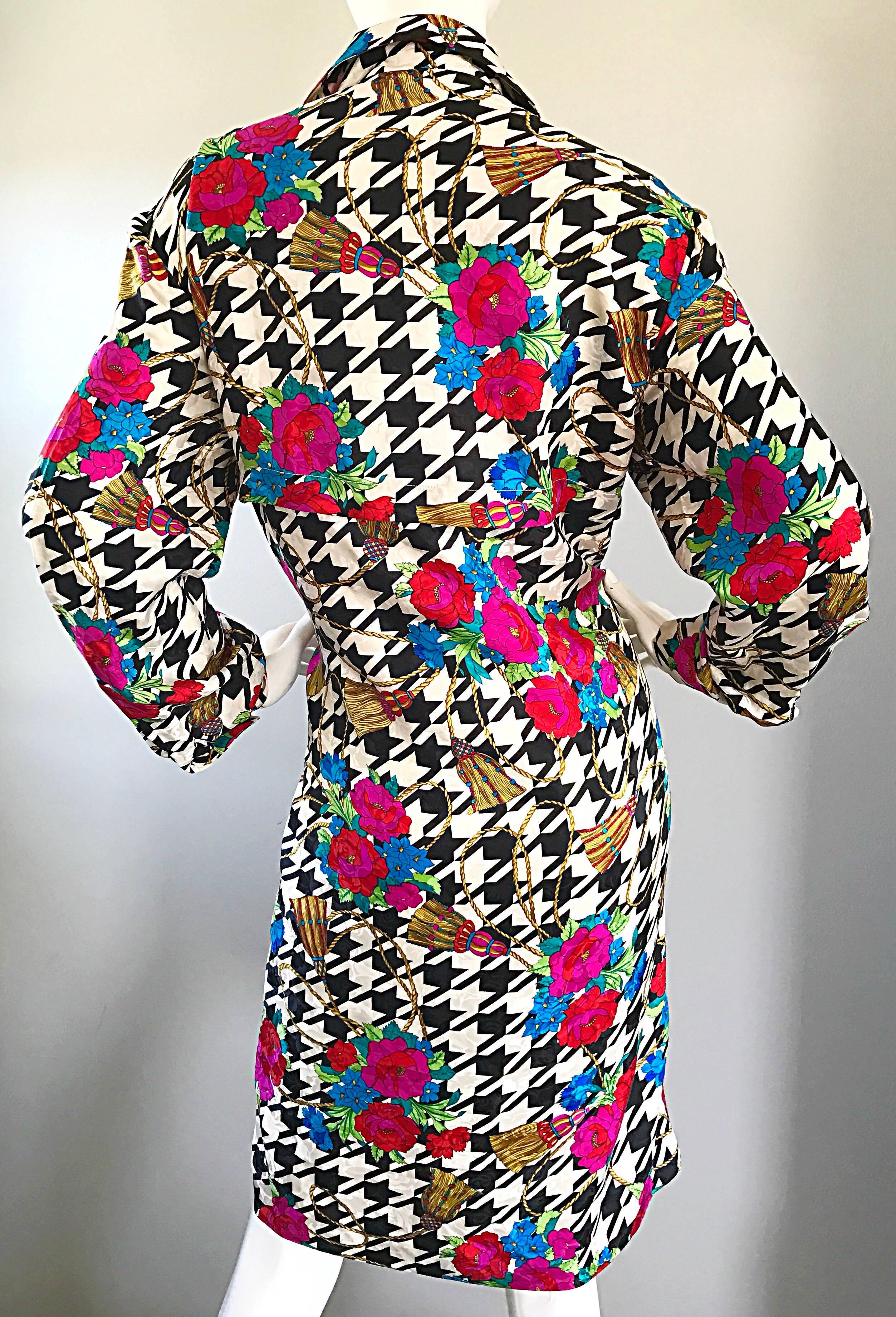 Gray Amazing 1990s Size 12 Black and White Houndstooth Flower 90s Silk Shirt Dress