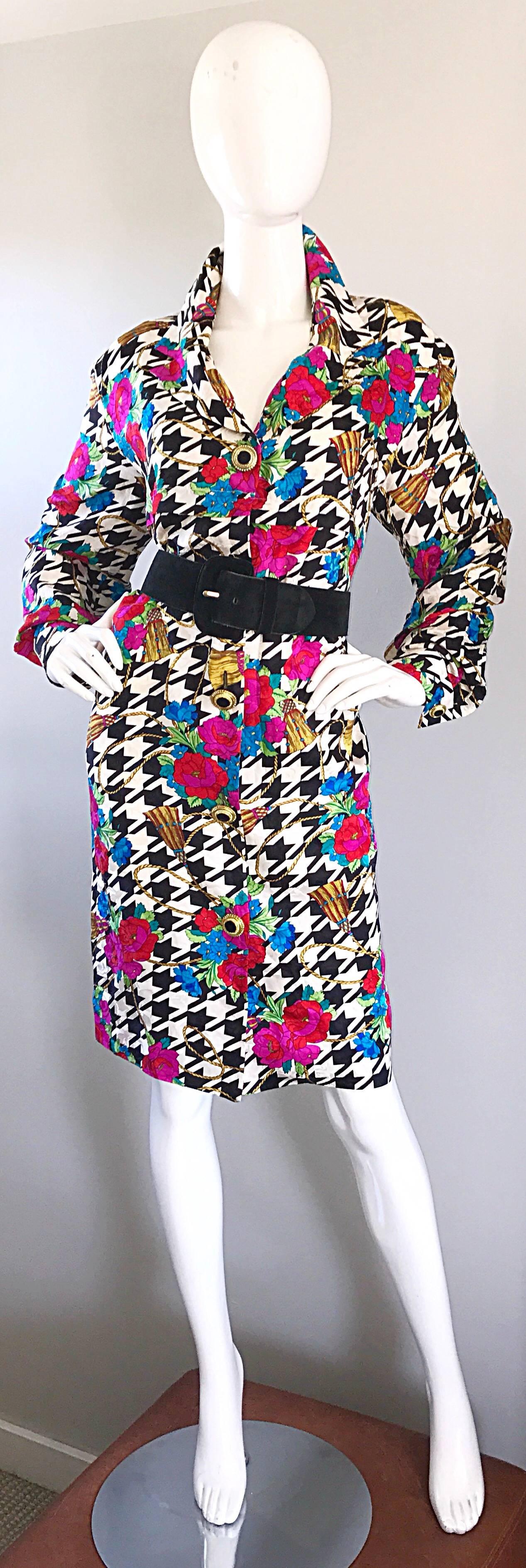 Women's Amazing 1990s Size 12 Black and White Houndstooth Flower 90s Silk Shirt Dress