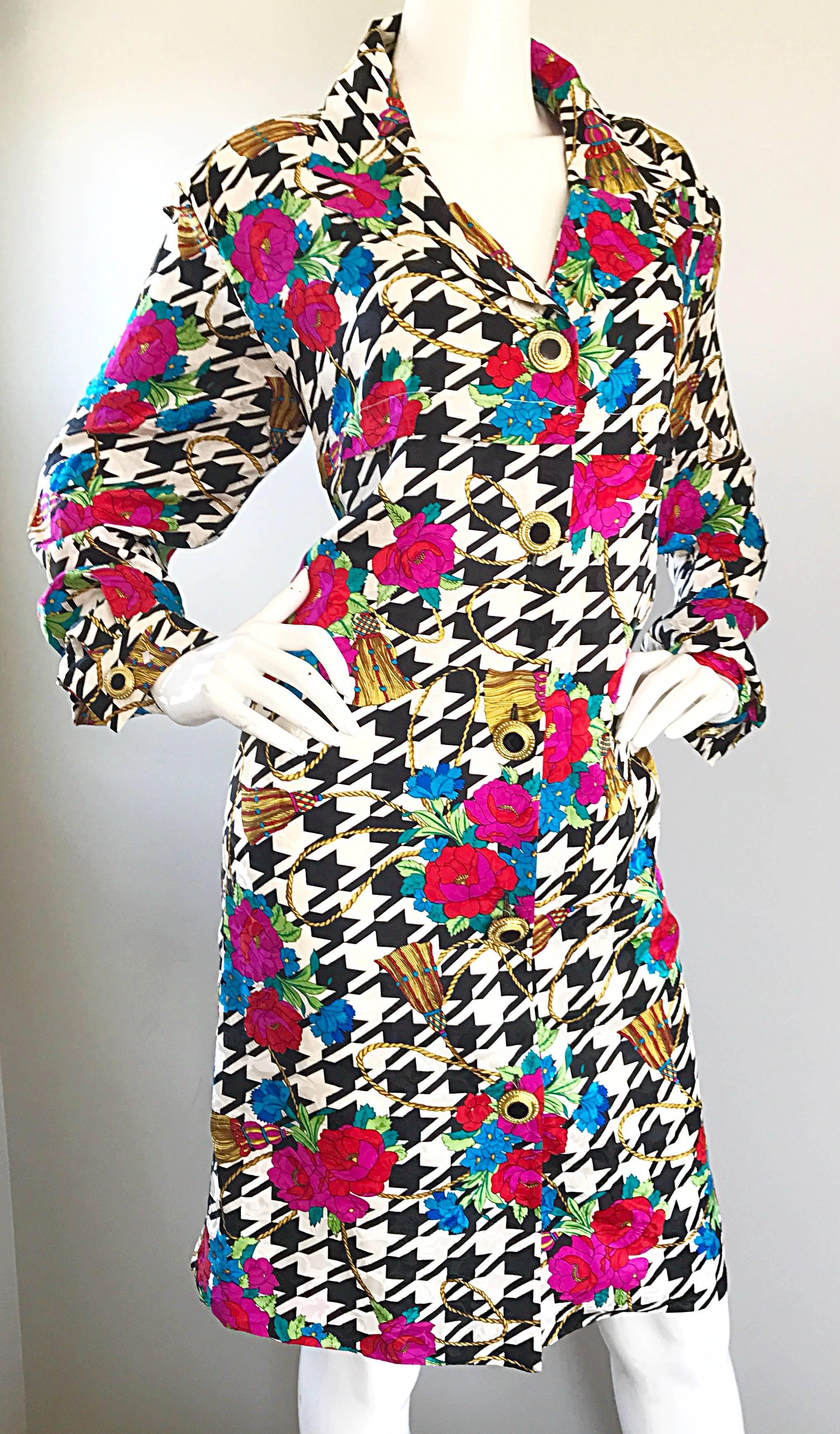 Amazing 1990s Size 12 Black and White Houndstooth Flower 90s Silk Shirt Dress 1