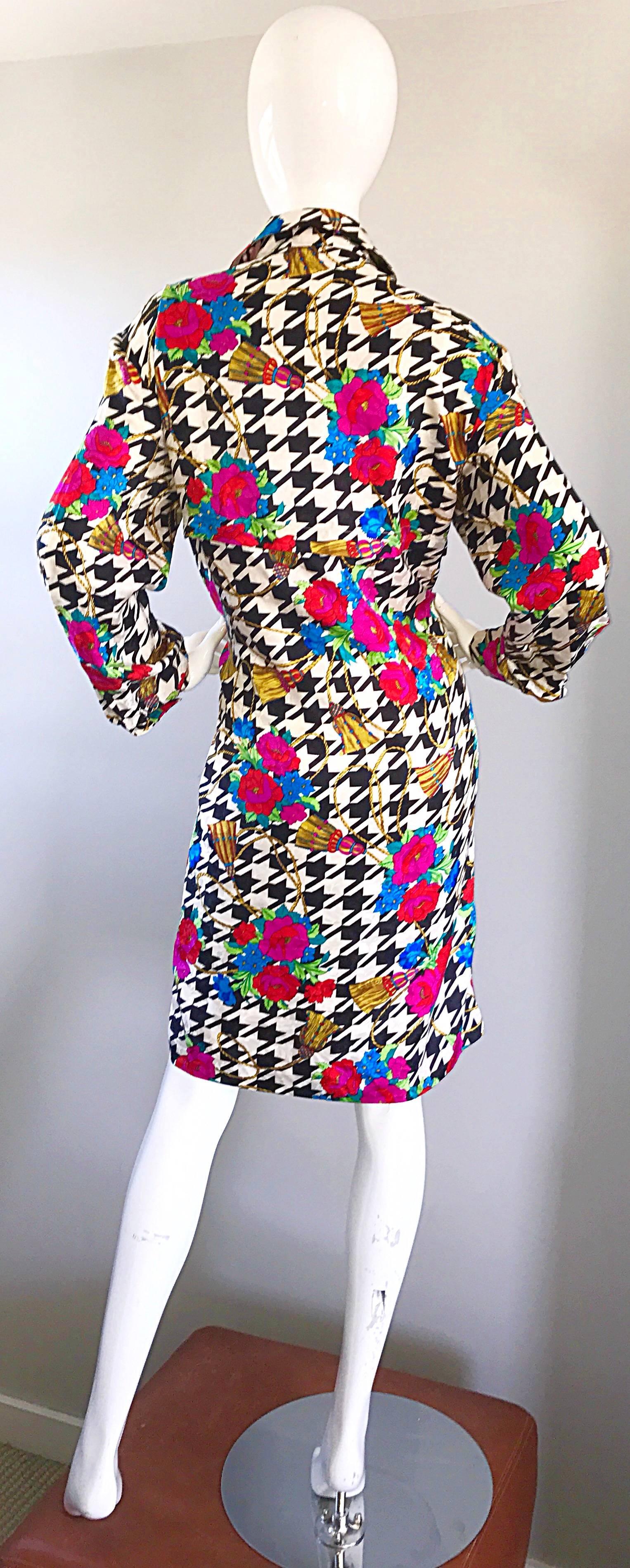 Amazing 1990s Size 12 Black and White Houndstooth Flower 90s Silk Shirt Dress 2