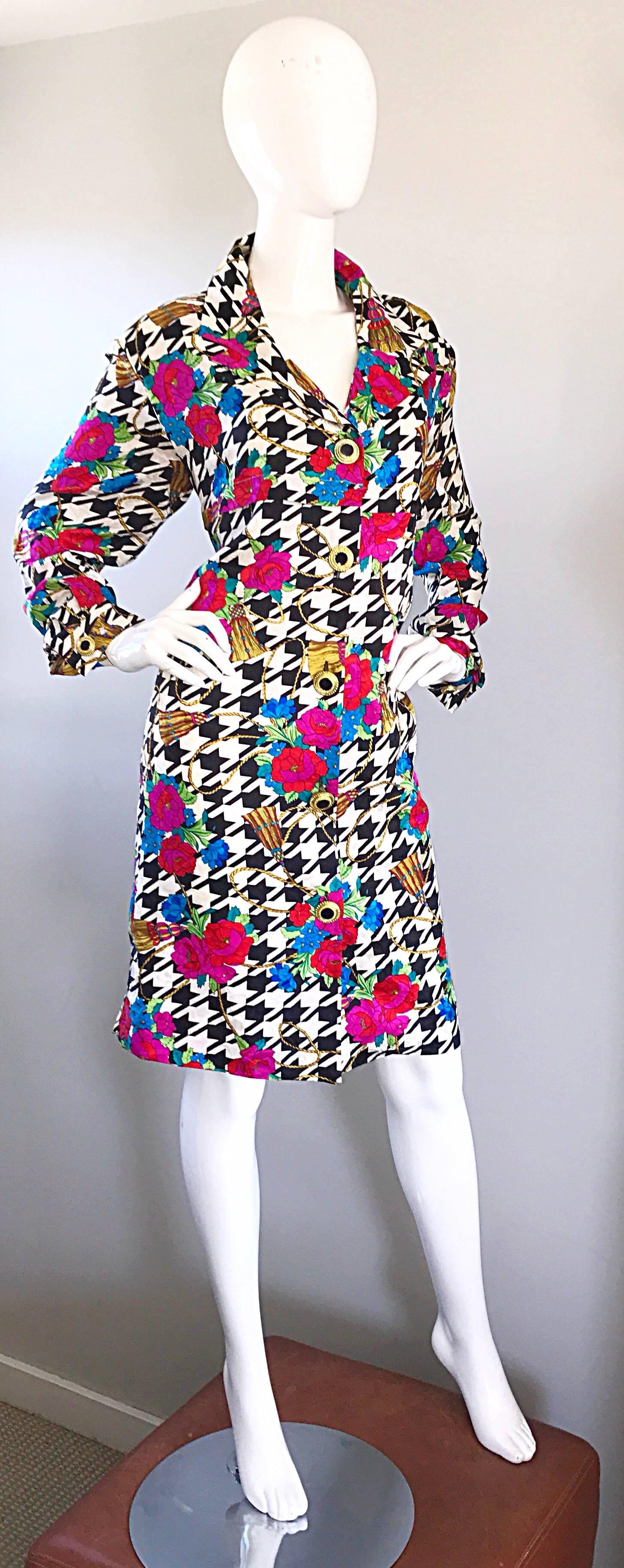 Amazing 1990s Size 12 Black and White Houndstooth Flower 90s Silk Shirt Dress 3