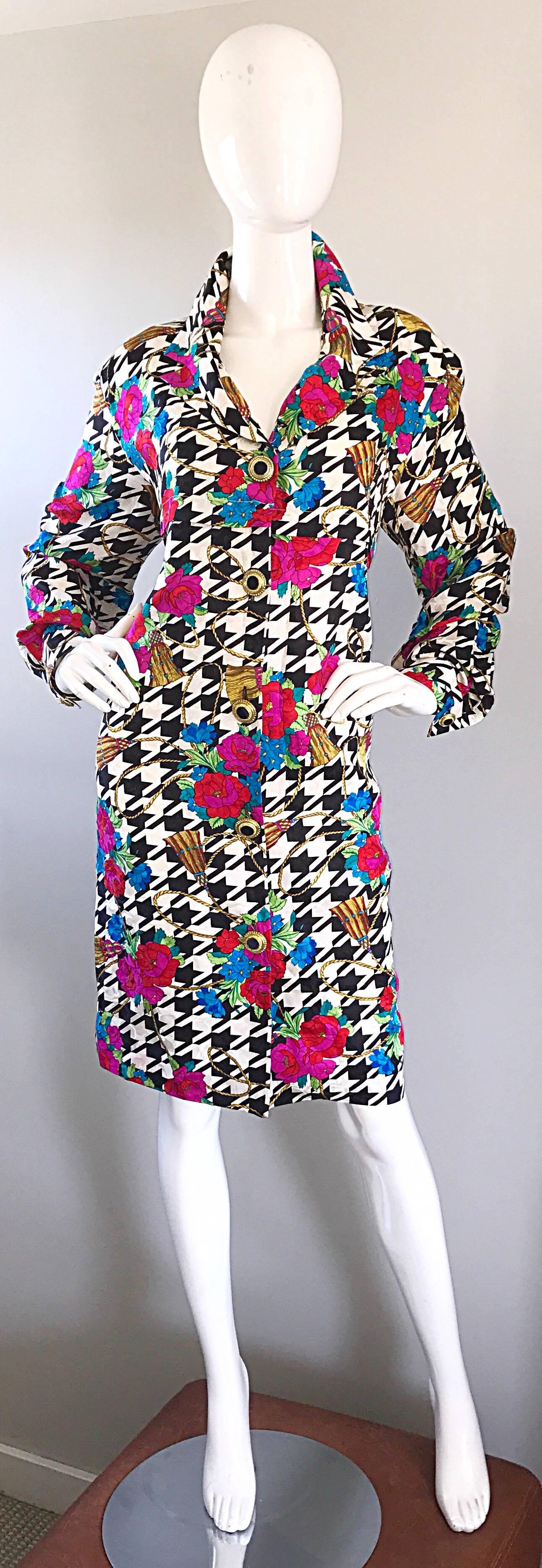 Amazing 1990s Size 12 Black and White Houndstooth Flower 90s Silk Shirt Dress 4
