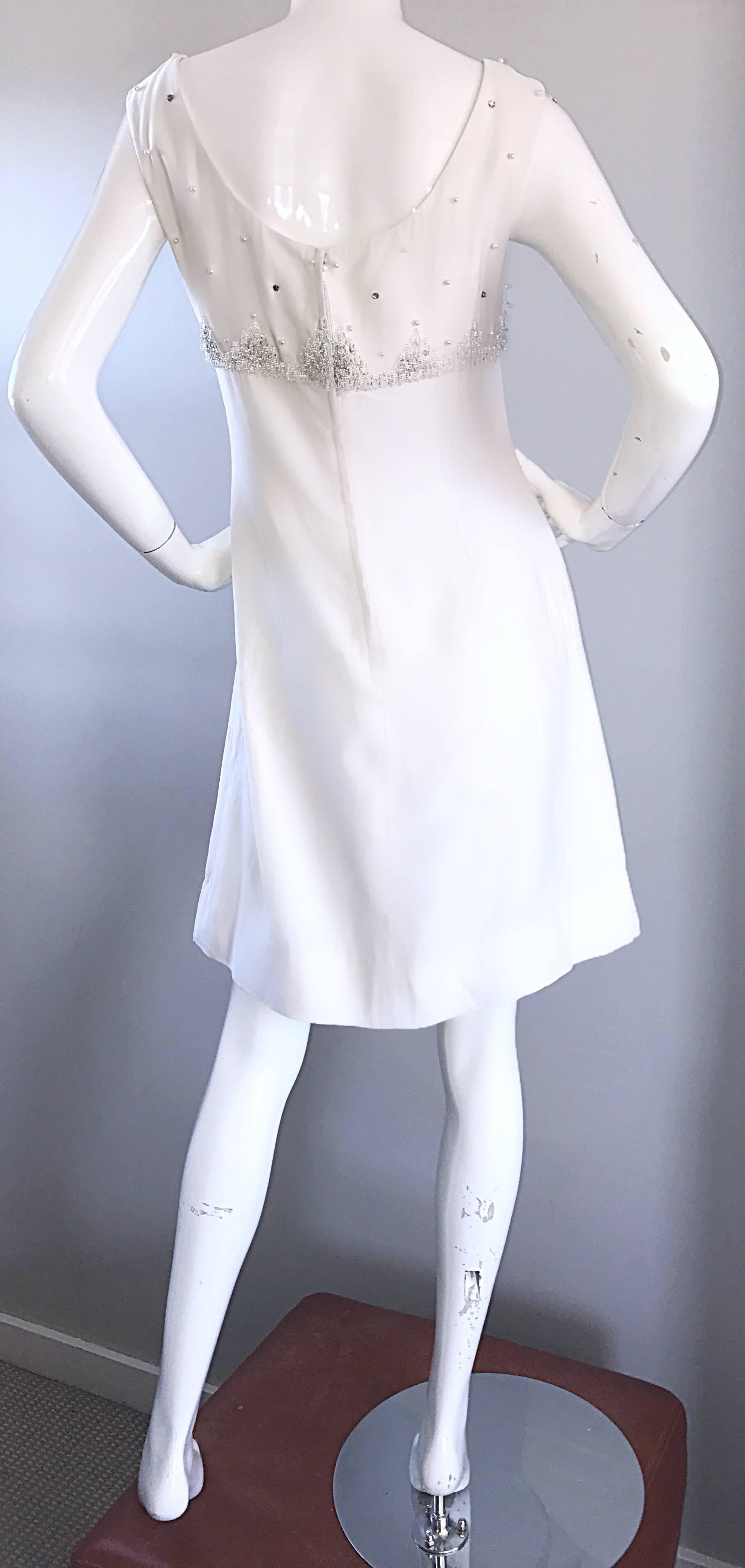 Gray Beautiful 1960s White Linen Beads + Pearls + Sequins A - Line 60s Shift Dress For Sale