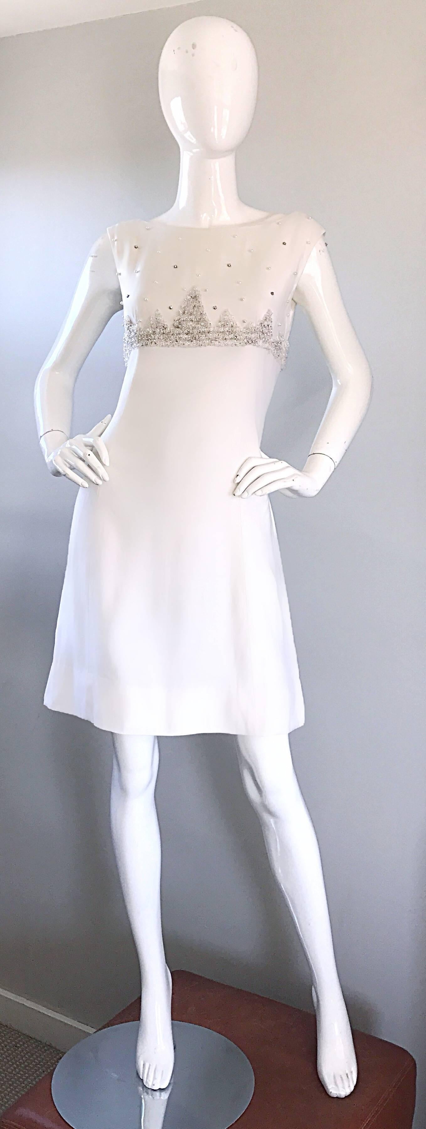 Beautiful 1960s White Linen Beads + Pearls + Sequins A - Line 60s Shift Dress In Excellent Condition For Sale In San Diego, CA