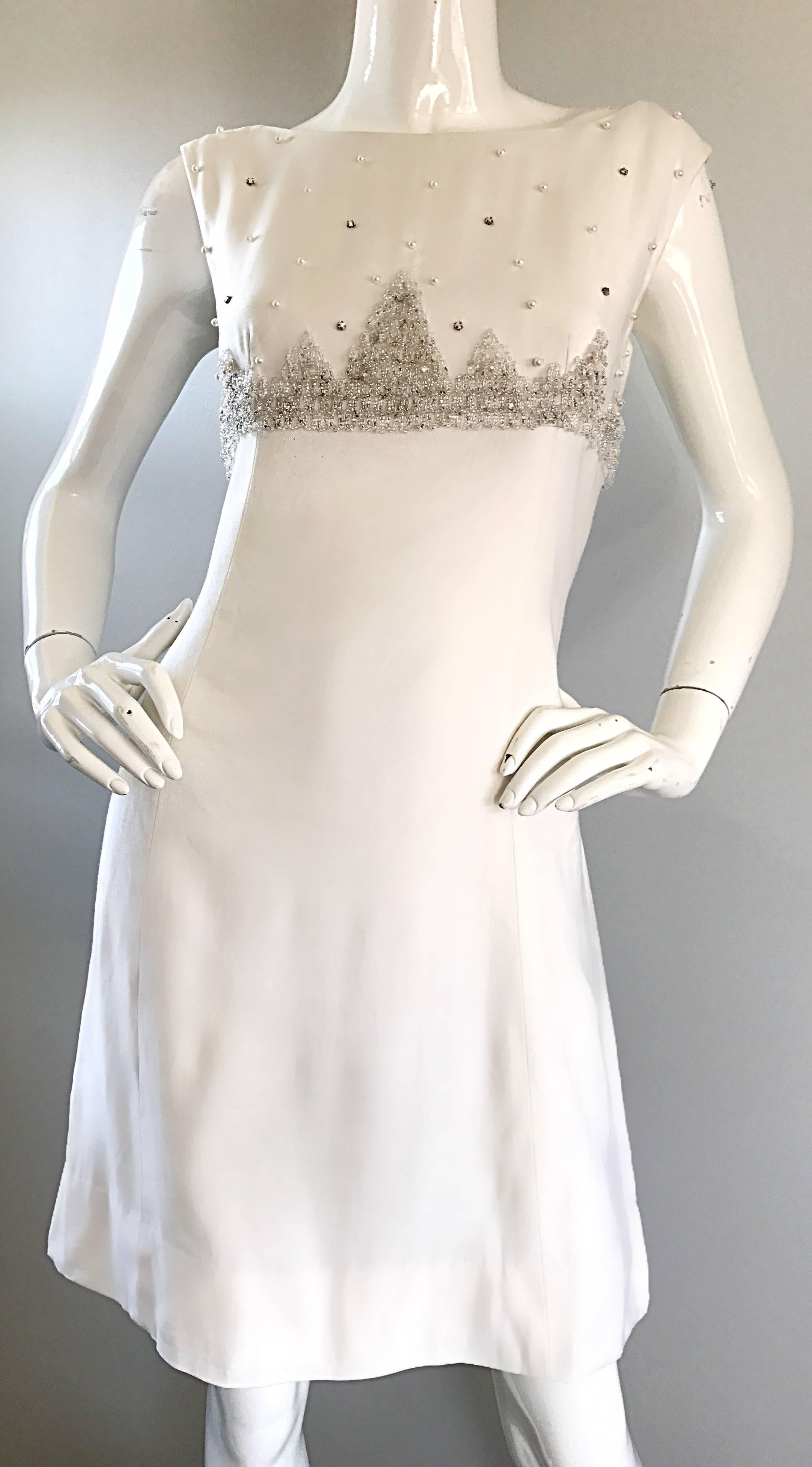 Beautiful 1960s White Linen Beads + Pearls + Sequins A - Line 60s Shift Dress For Sale 1