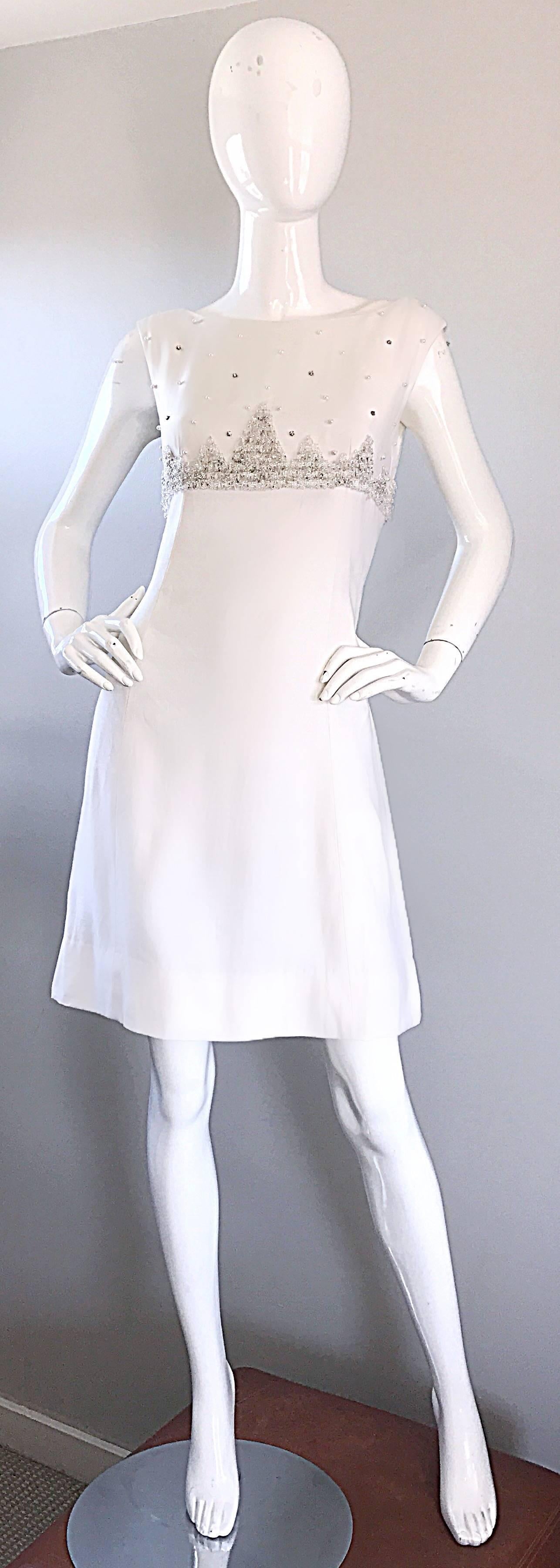 Beautiful 1960s White Linen Beads + Pearls + Sequins A - Line 60s Shift Dress For Sale 3
