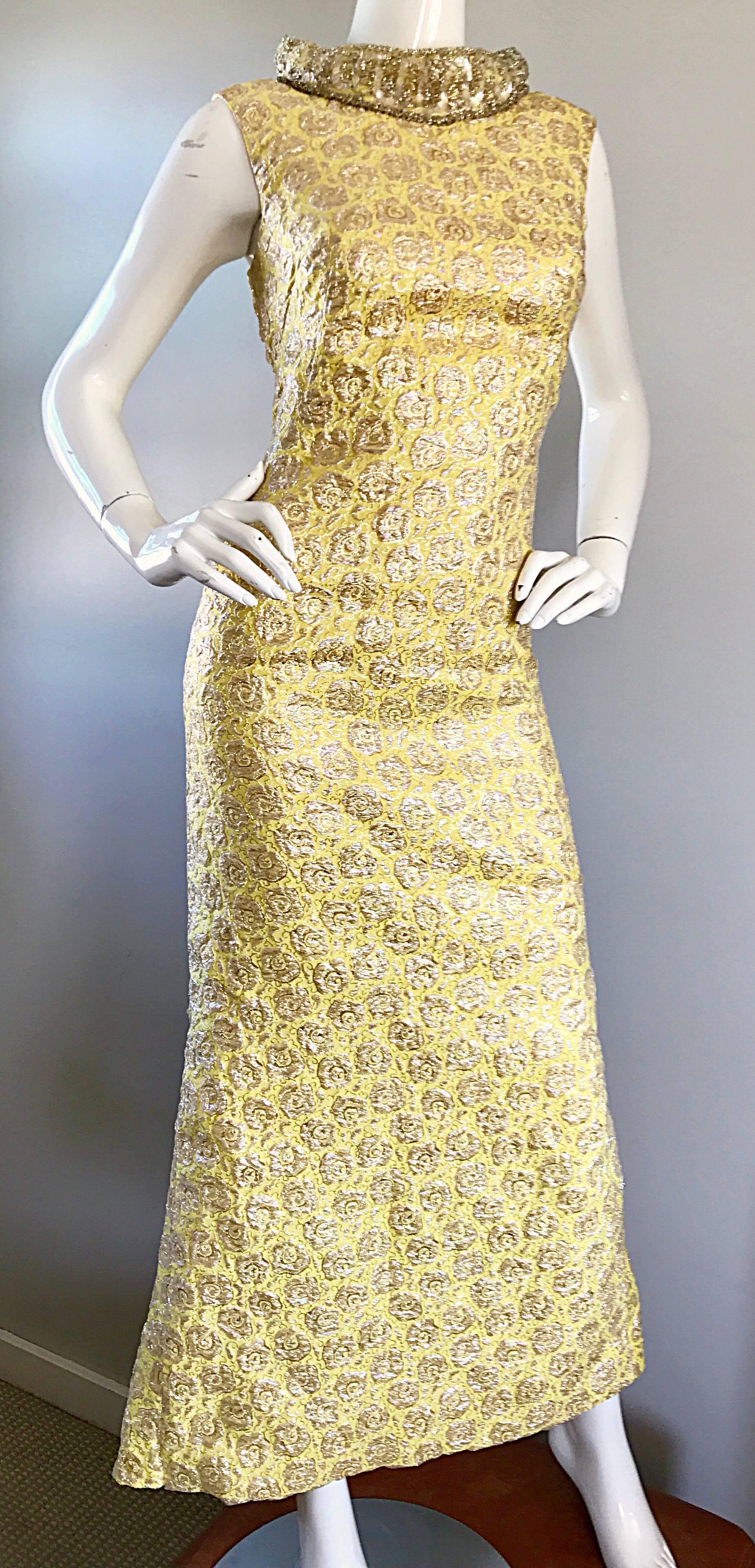 Sensational 1960s Demi Couture Yellow Beaded Silk Brocade Vintage Mermaid Gown In Excellent Condition In San Diego, CA