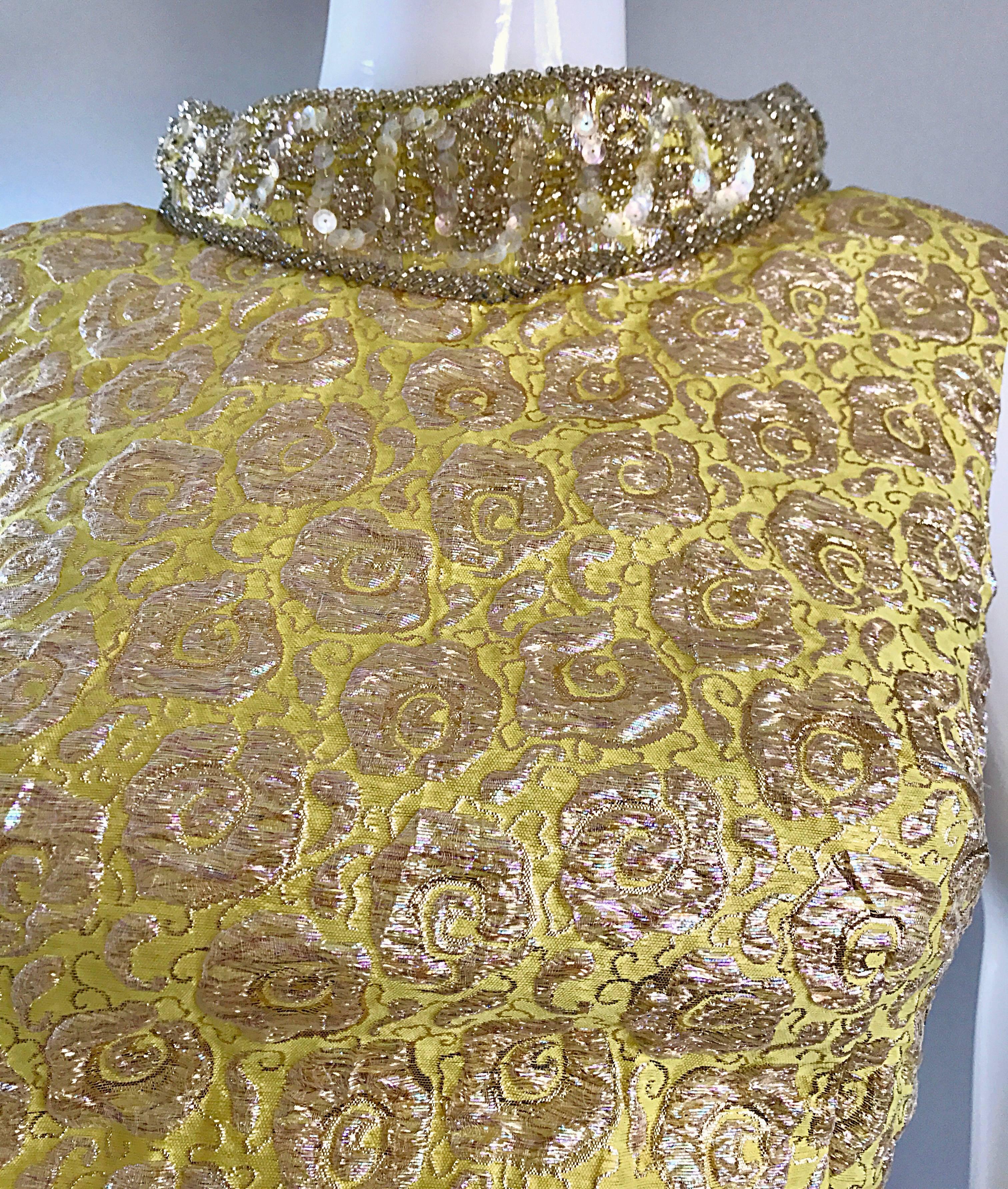 Women's Sensational 1950s Demi Couture Yellow Beaded Silk Brocade Vintage Mermaid Gown For Sale