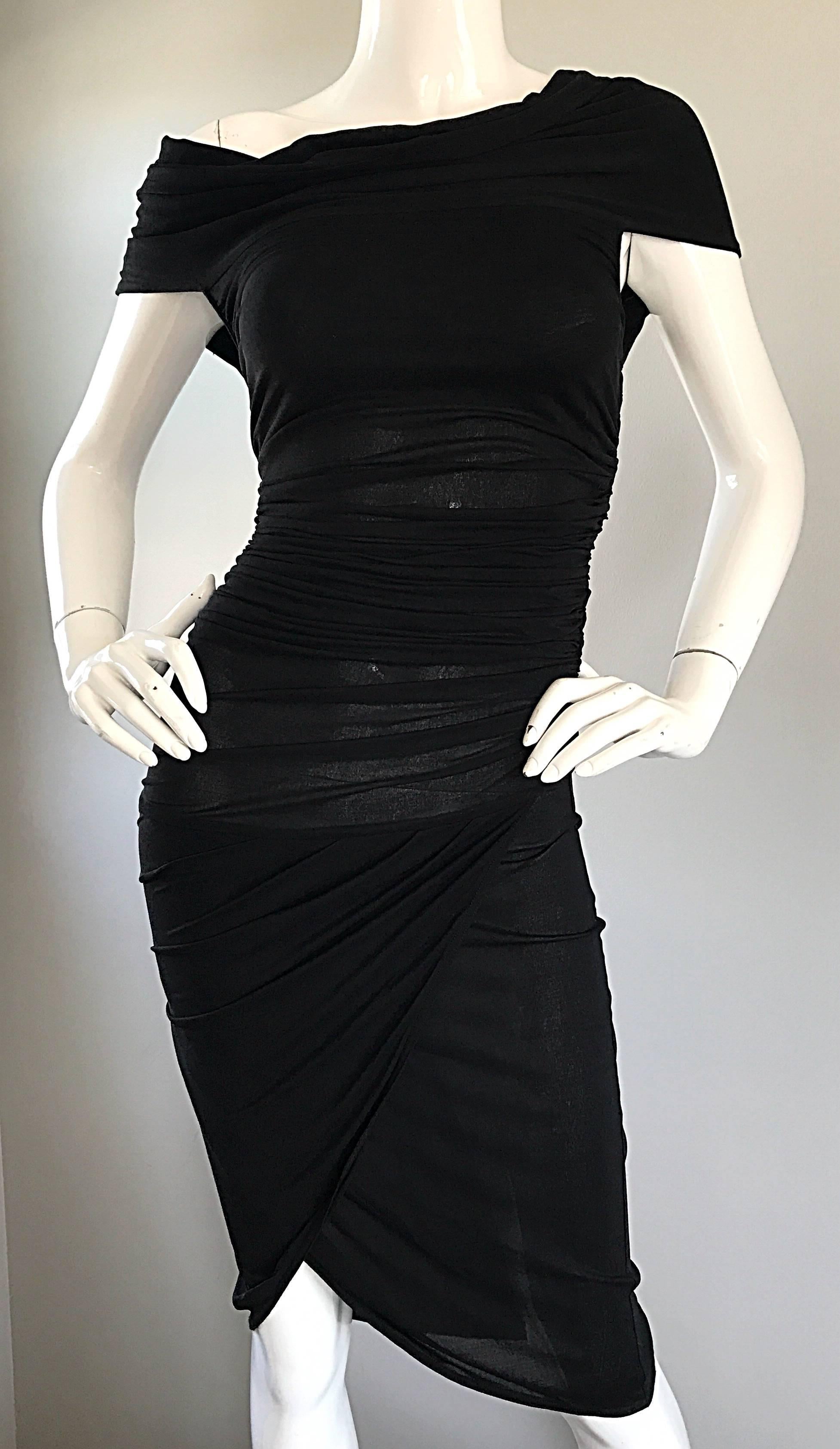 Women's 1990s Celine Sexy Off Shoulder Semi Sheer Asymmetrical Bodycon Black Dress For Sale
