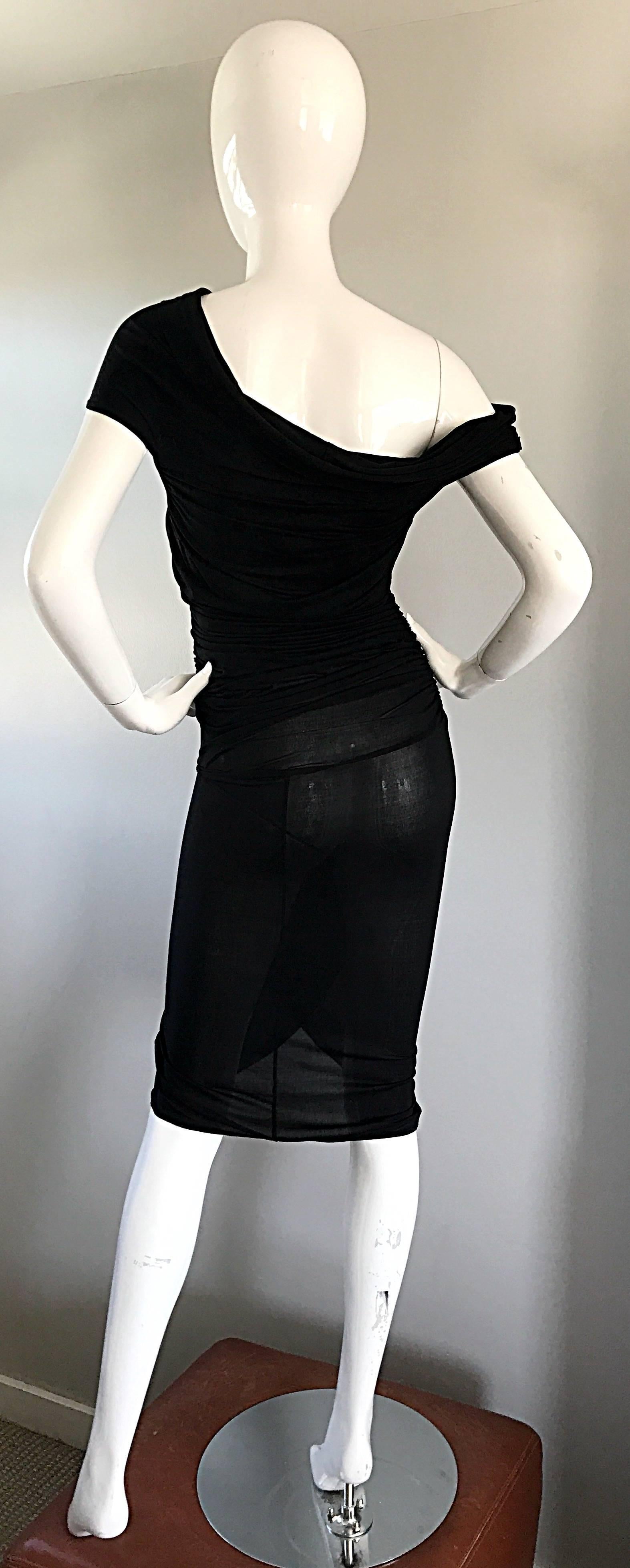 1990s Celine Sexy Off Shoulder Semi Sheer Asymmetrical Bodycon Black Dress In Excellent Condition For Sale In San Diego, CA