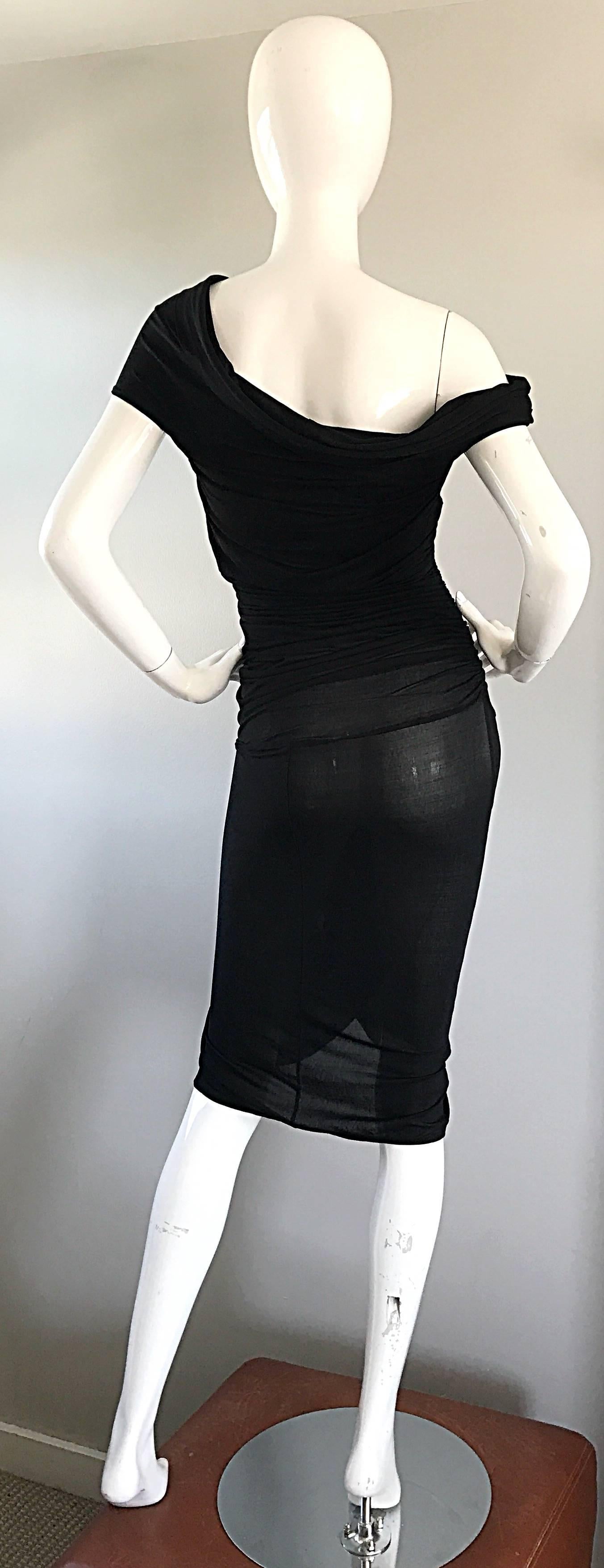 1990s Celine Sexy Off Shoulder Semi Sheer Asymmetrical Bodycon Black Dress For Sale 1