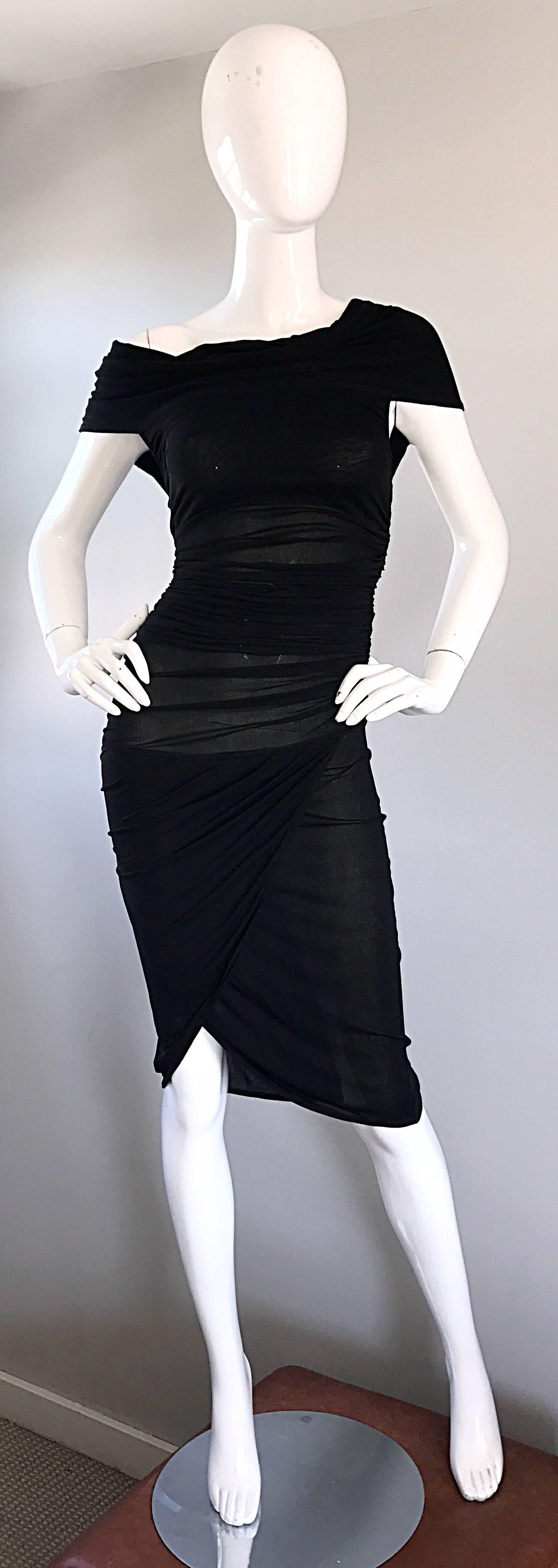 1990s Celine Sexy Off Shoulder Semi Sheer Asymmetrical Bodycon Black Dress For Sale 2