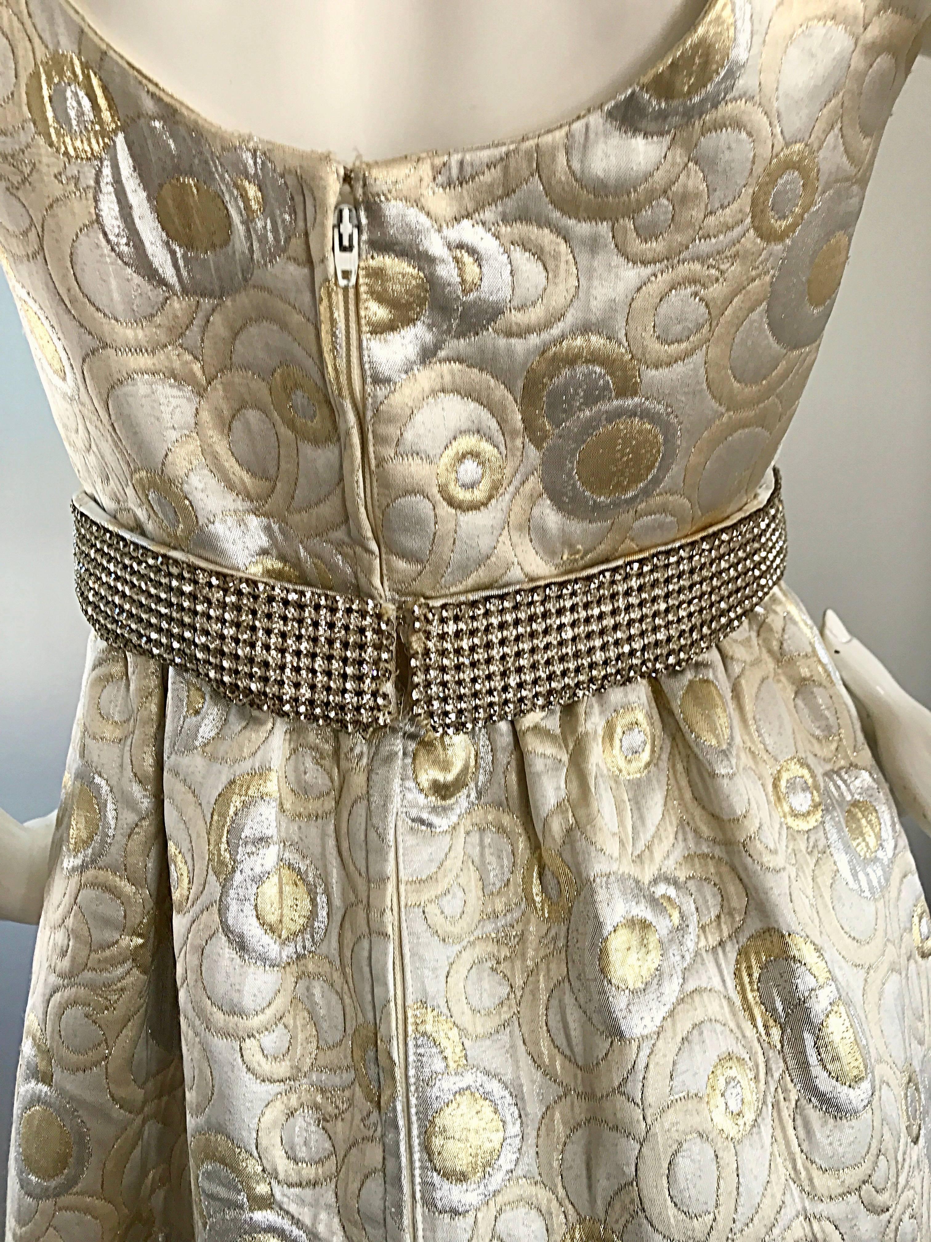 Gray Amazing 1960s Demi Couture Silver and Gold Silk Brocade Rhinestone Vintage Gown