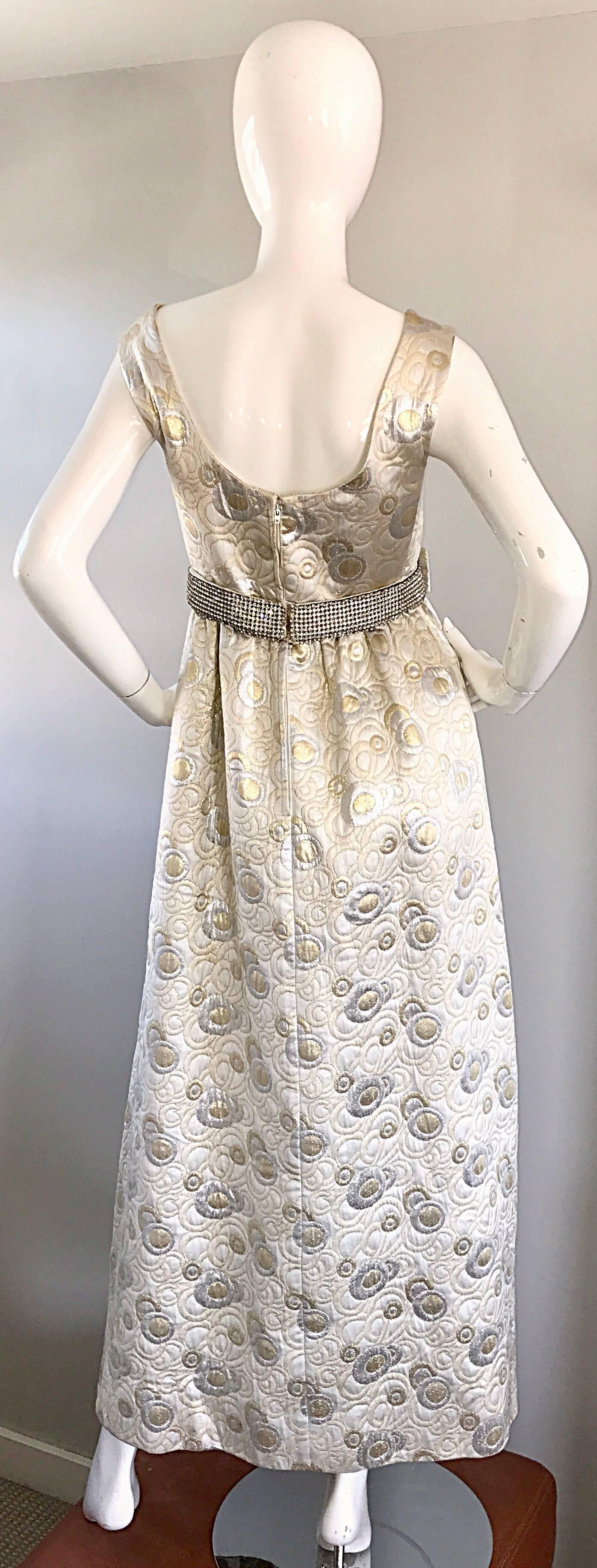 Women's Amazing 1960s Demi Couture Silver and Gold Silk Brocade Rhinestone Vintage Gown