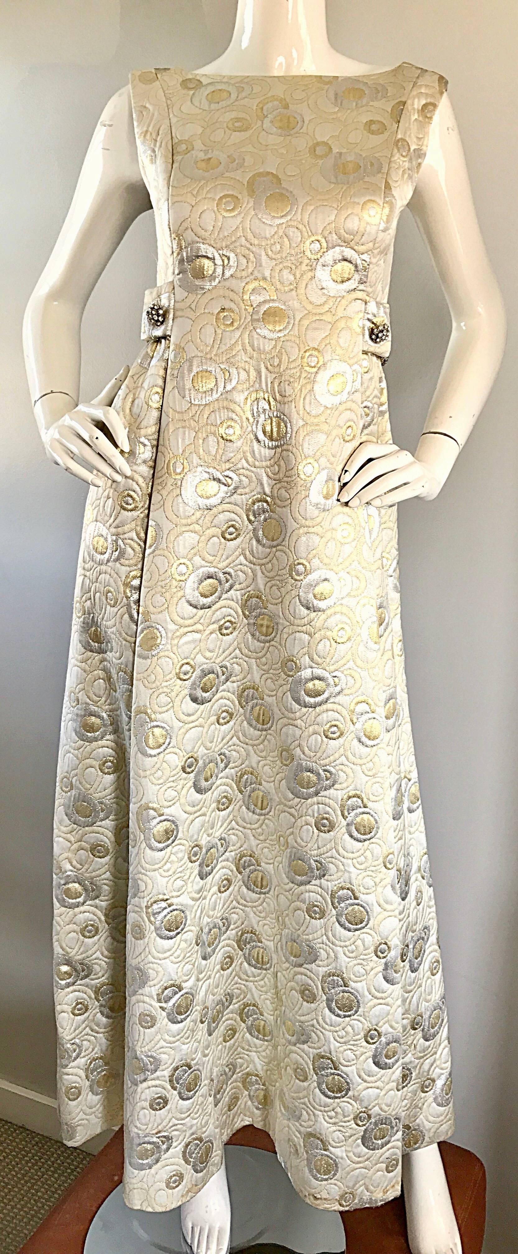 Amazing 1960s Demi Couture Silver and Gold Silk Brocade Rhinestone Vintage Gown 1
