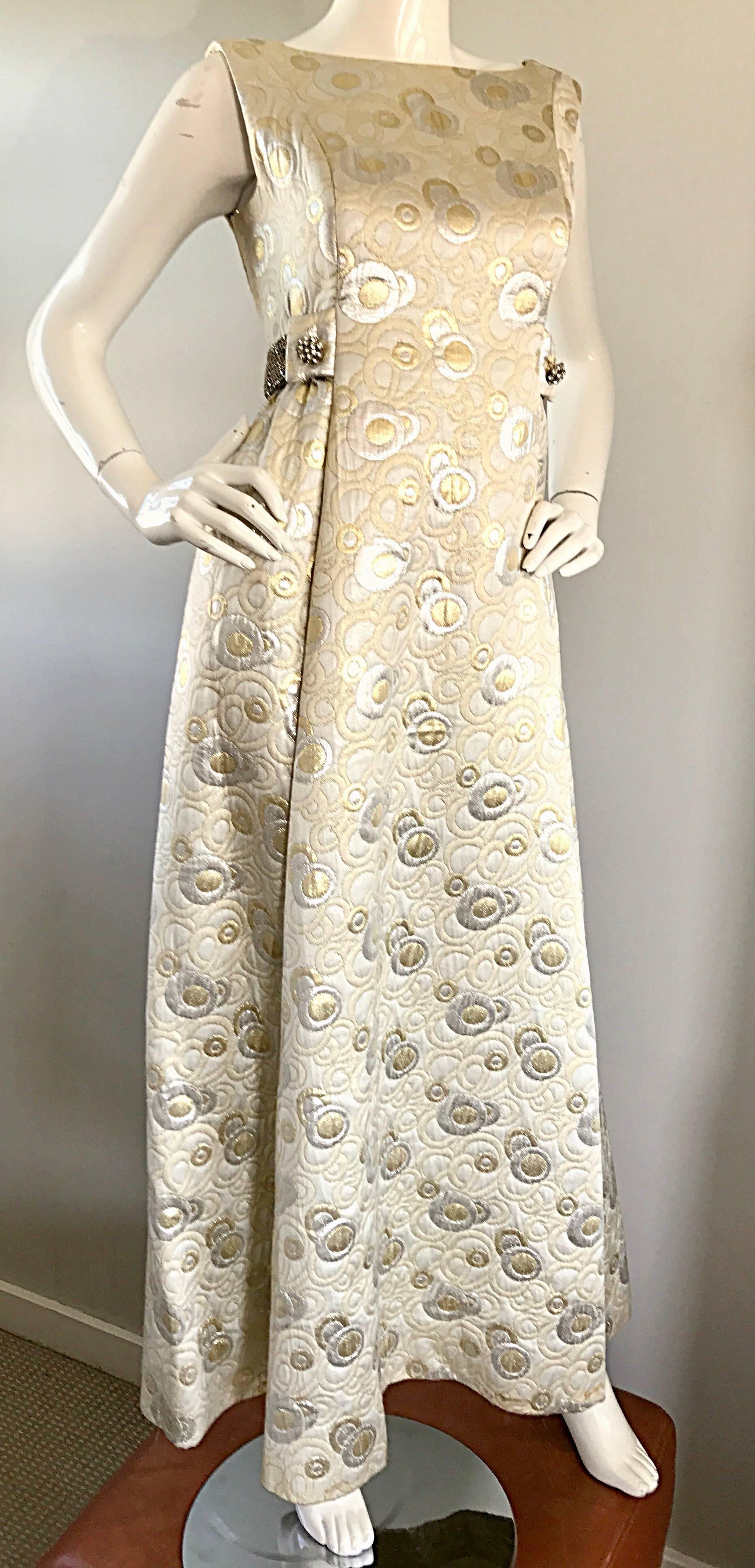 Amazing 1960s Demi Couture Silver and Gold Silk Brocade Rhinestone Vintage Gown 4