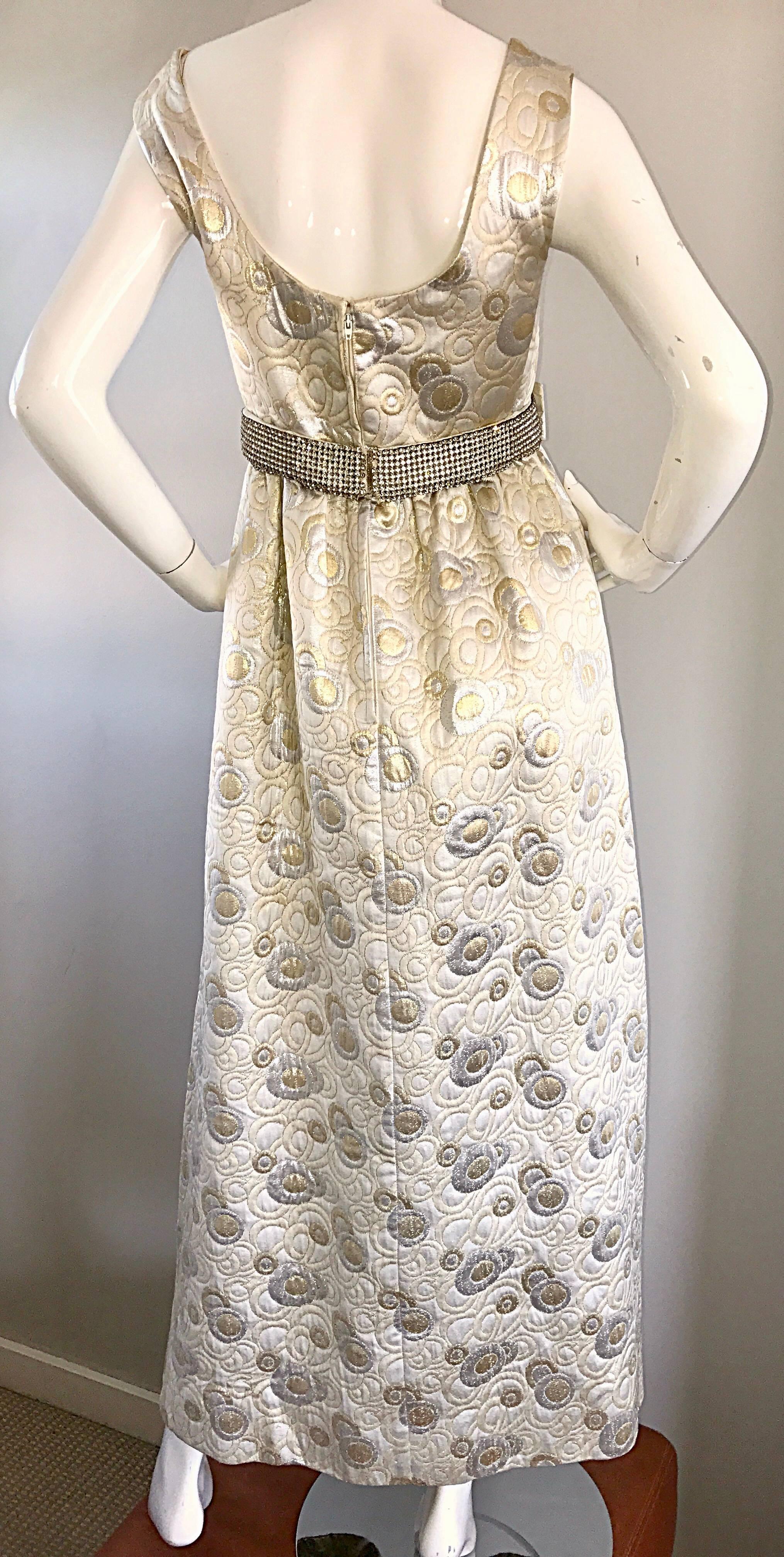 Amazing 1960s Demi Couture Silver and Gold Silk Brocade Rhinestone Vintage Gown 3