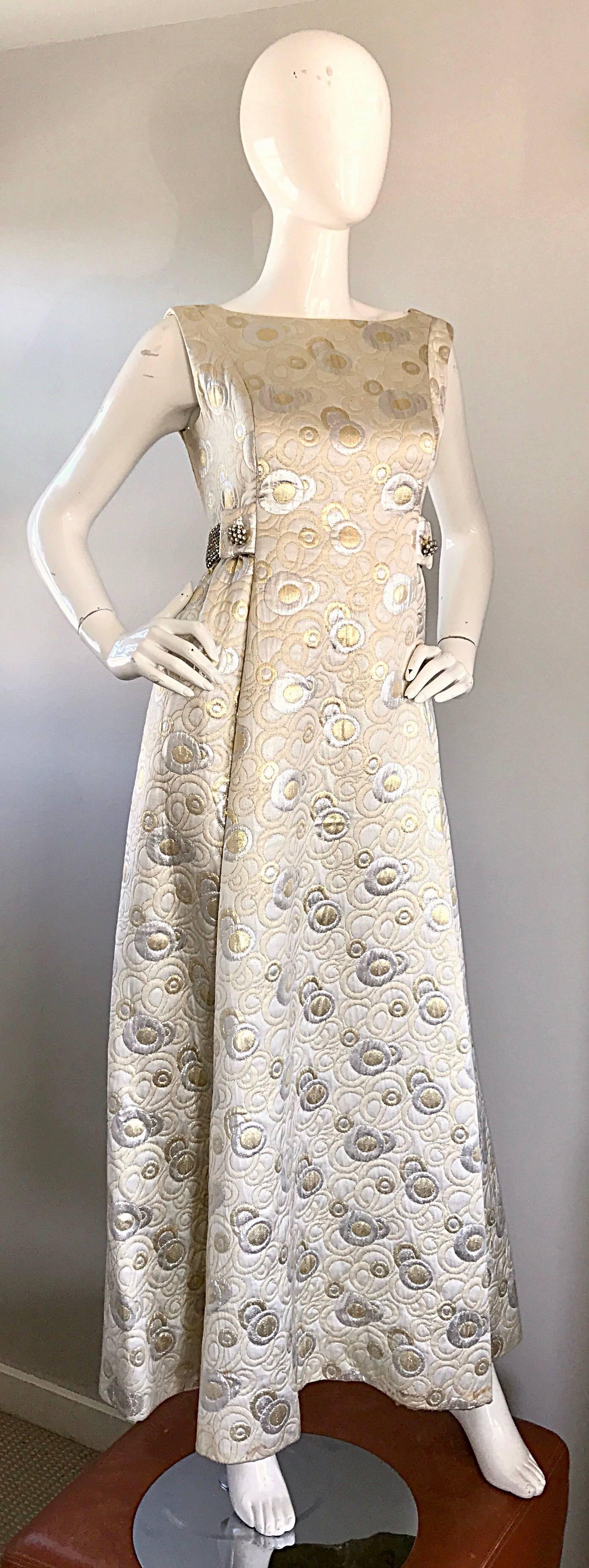 Amazing 1960s Demi Couture Silver and Gold Silk Brocade Rhinestone Vintage Gown 2