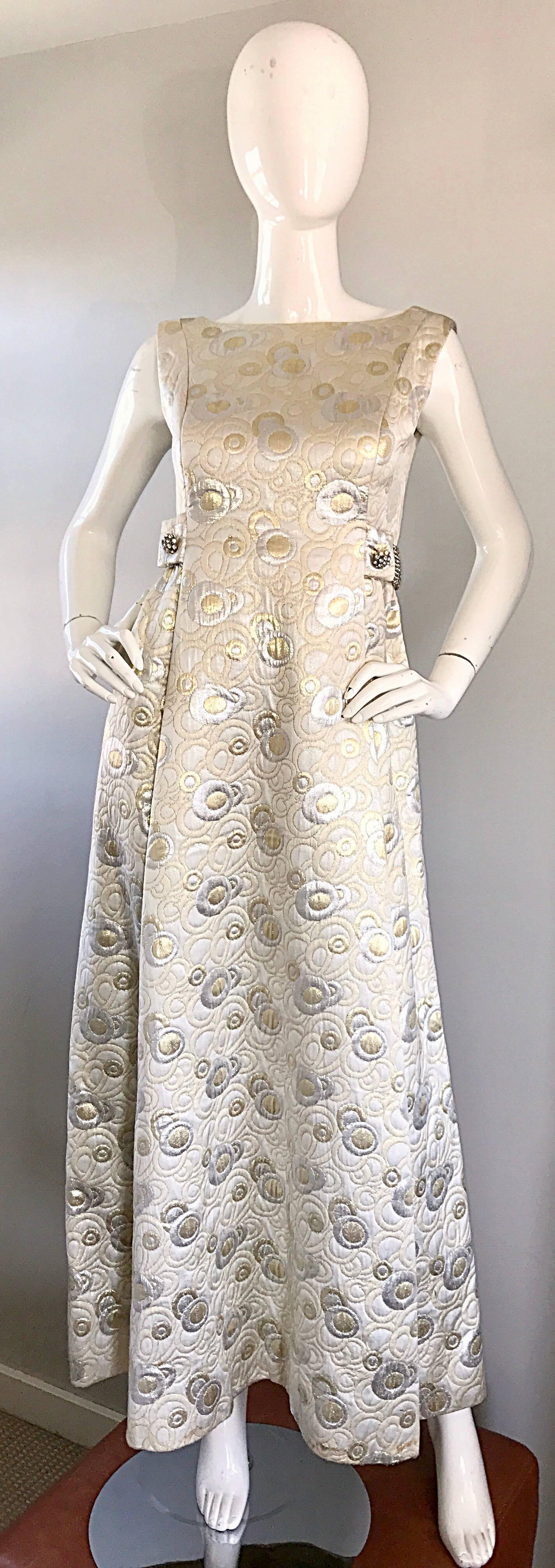 Amazing 1960s Demi Couture Silver and Gold Silk Brocade Rhinestone Vintage Gown 5
