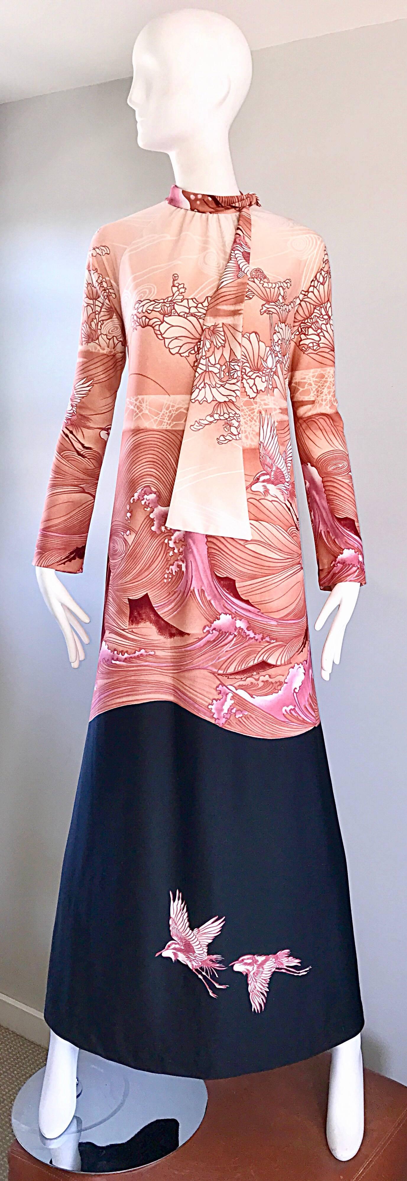Rare 70s CHRISTIAN DIOR hiroshige wave gown / caftan! Inspired by Japanese Asian wood cuts, with cranes (birds) printed on the side bodice and the skirt. Warm hues of pink, coral, white and black. Attached scarf can be worn down or tied into a