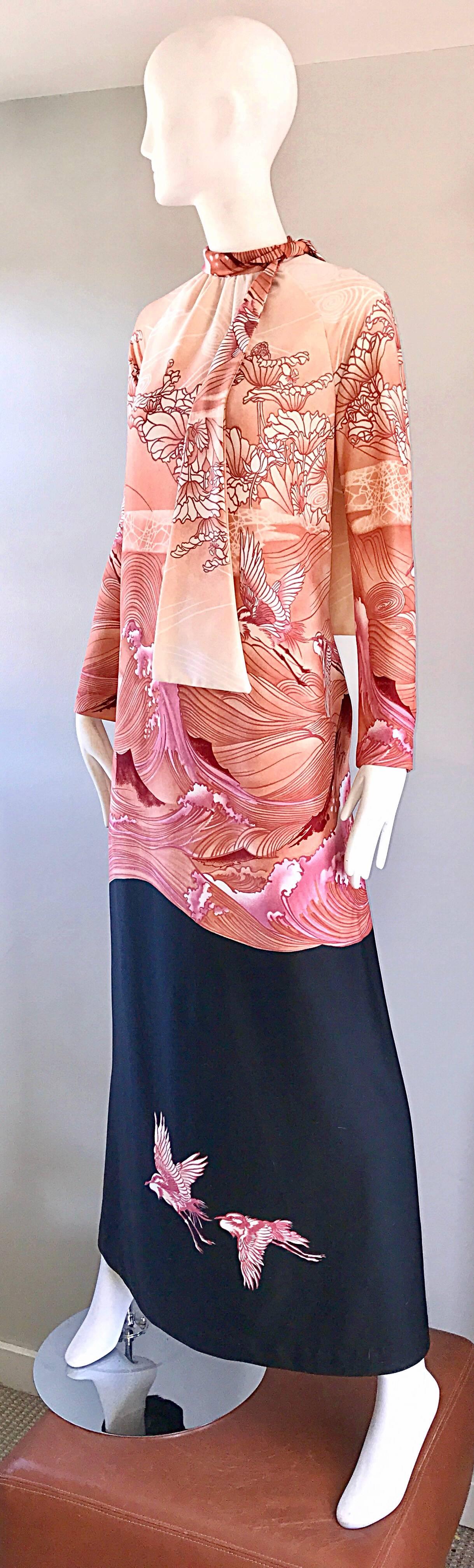 Rare 1970s Christian Dior Hiroshige Wave Japanese Inspired Vintage Maxi Dress In Excellent Condition In San Diego, CA