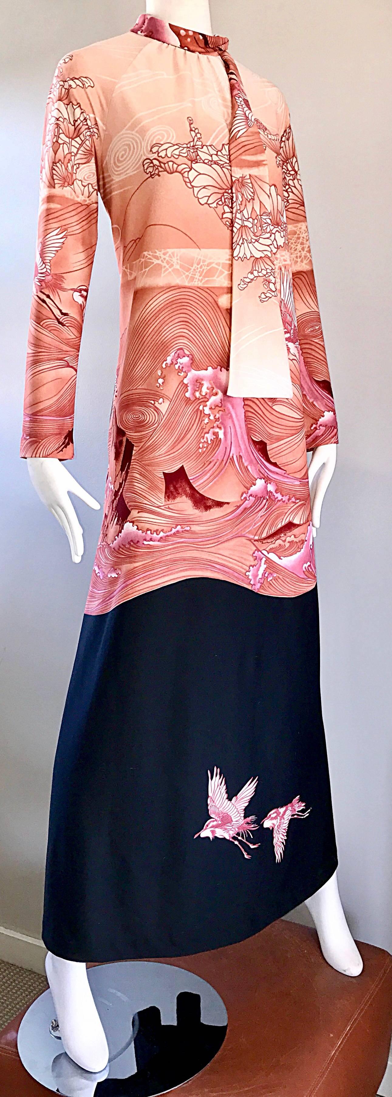 Beige Rare 1970s Christian Dior Hiroshige Wave Japanese Inspired Vintage Maxi Dress