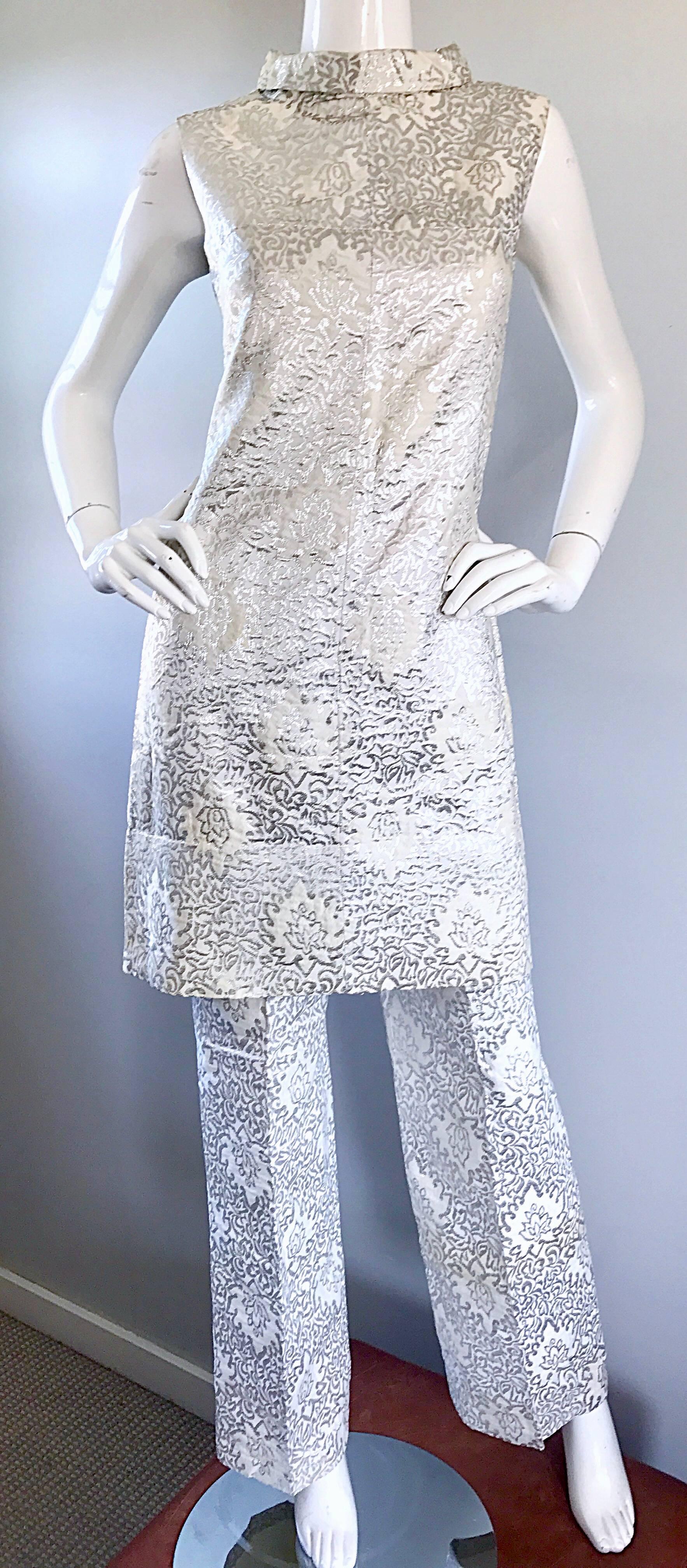 1960s Silver and White Silk Jacquard Metallic Vintage 60s Tunic Dress and Pants 1
