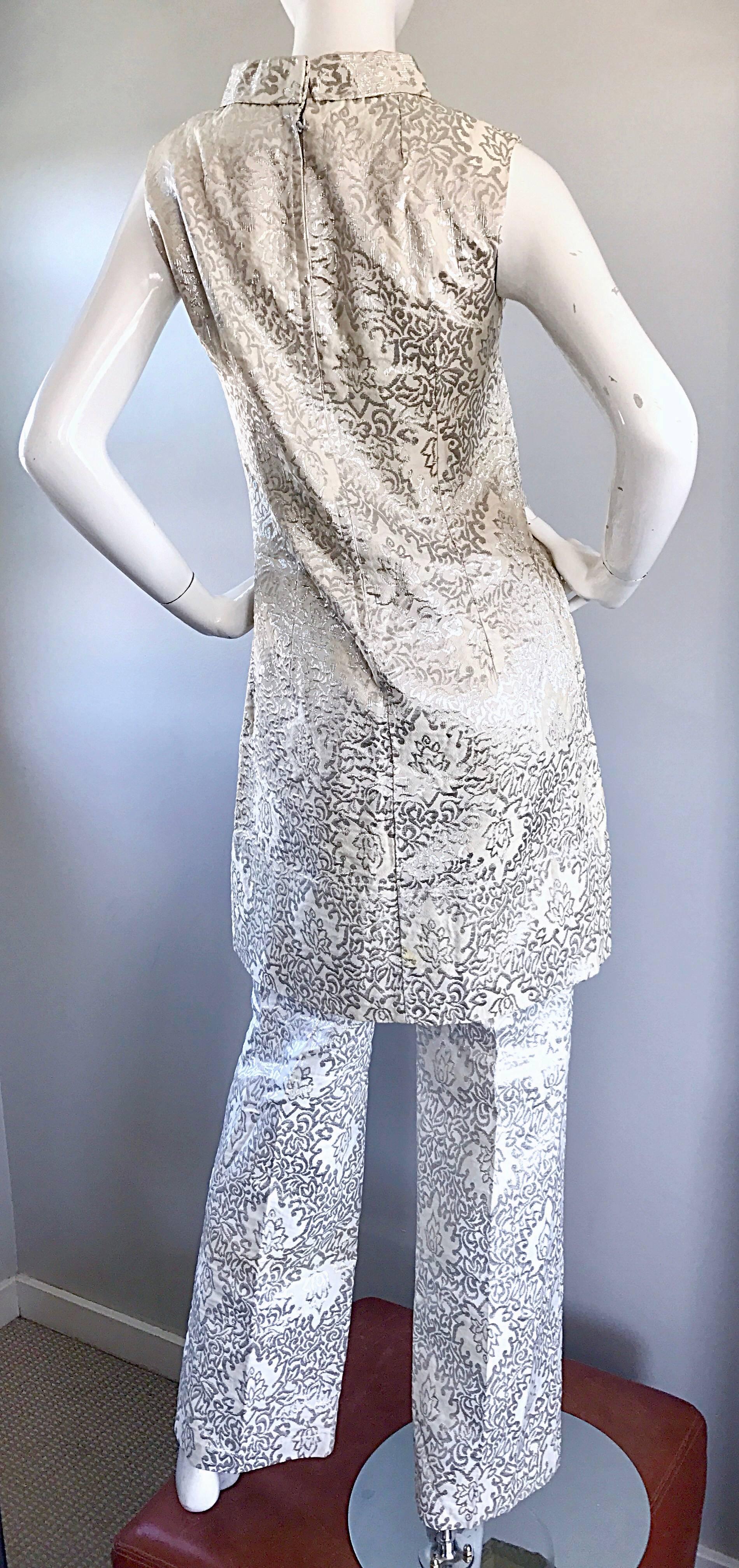 1960s Silver and White Silk Jacquard Metallic Vintage 60s Tunic Dress and Pants 2