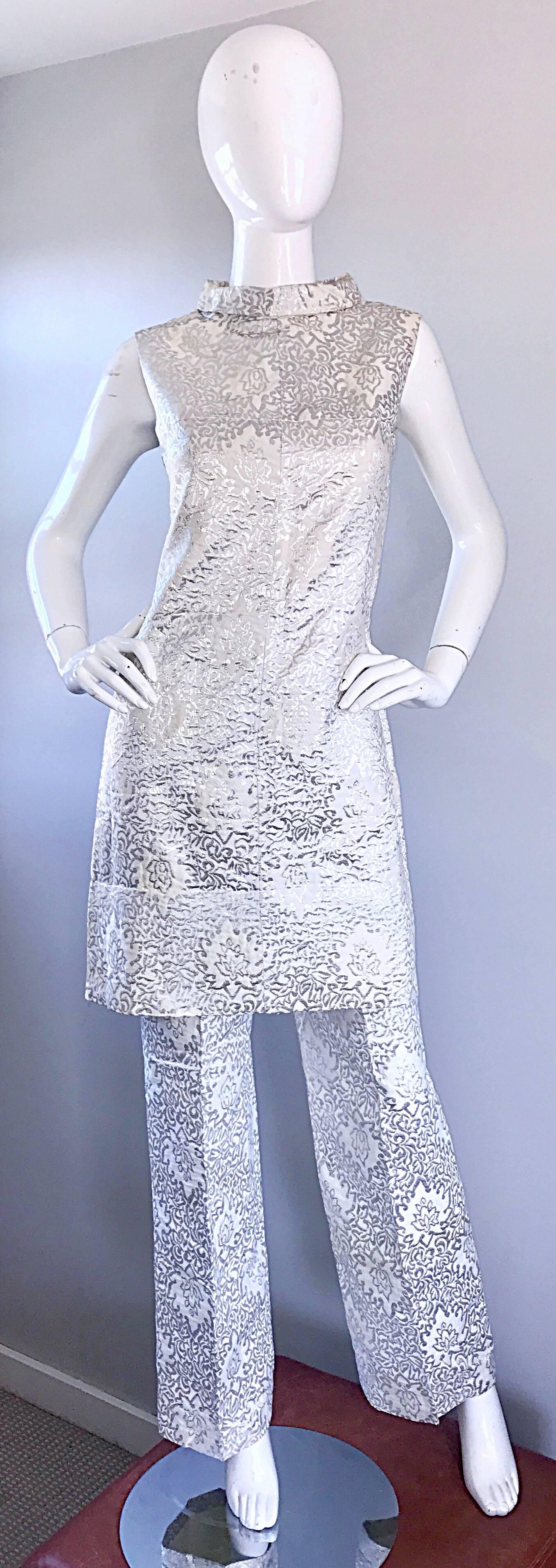 1960s Silver and White Silk Jacquard Metallic Vintage 60s Tunic Dress and Pants 3