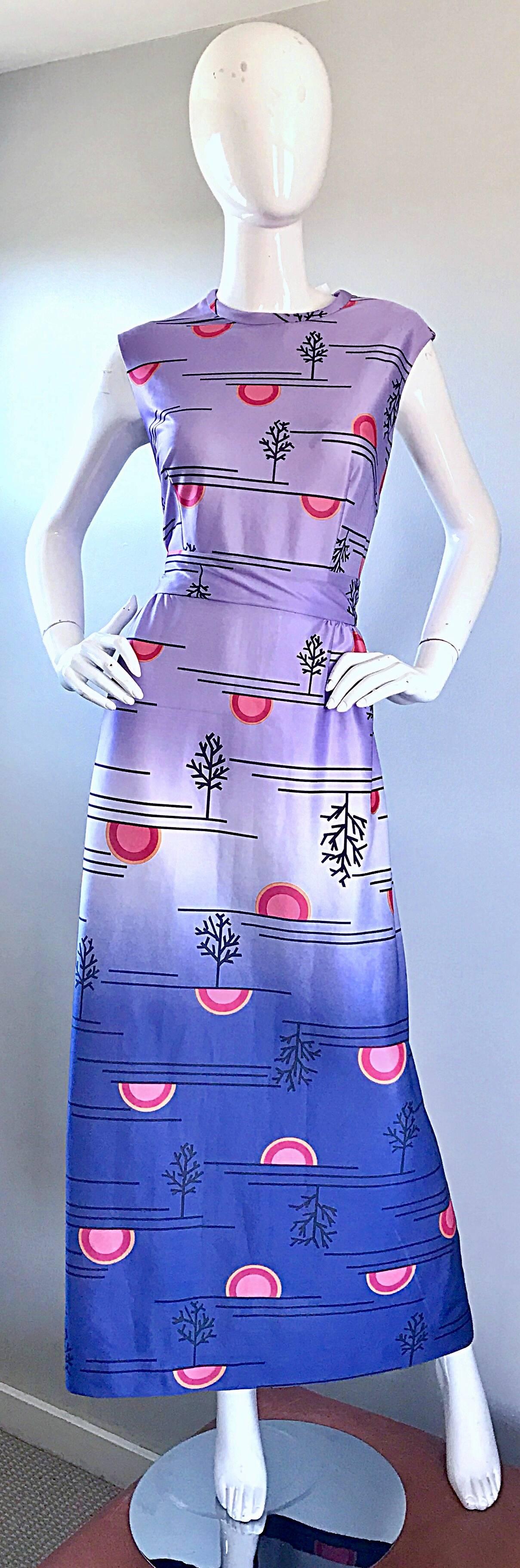 1970s YVES JENNET novelty print maxi dress! Vibrant purple bodice with an ombre effect that leads to a vibrant blue skirt. Japanese themed print, with trees and sunsets / sunrises throughout. Hidden zipper up the back. Can easily be dressed up or