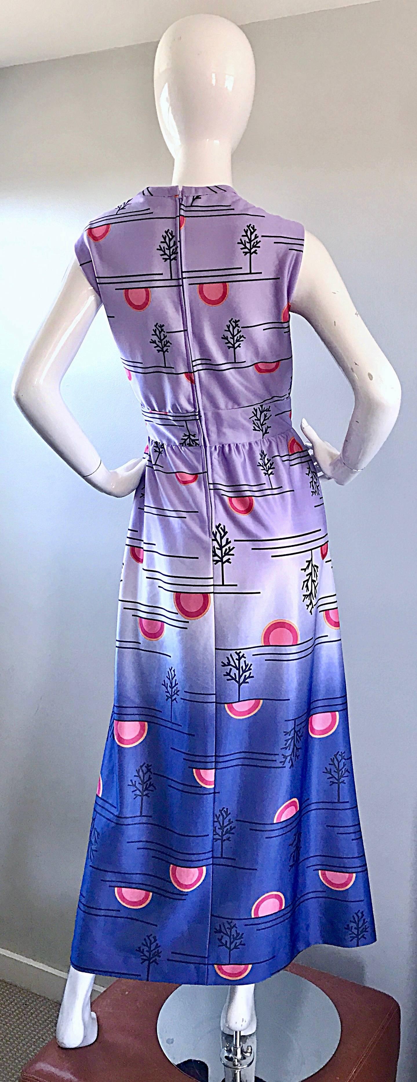 Purple 1970s Yves Jennet 70s Ombré Novelty Japanese Tree + Sunset Print Maxi Dress 