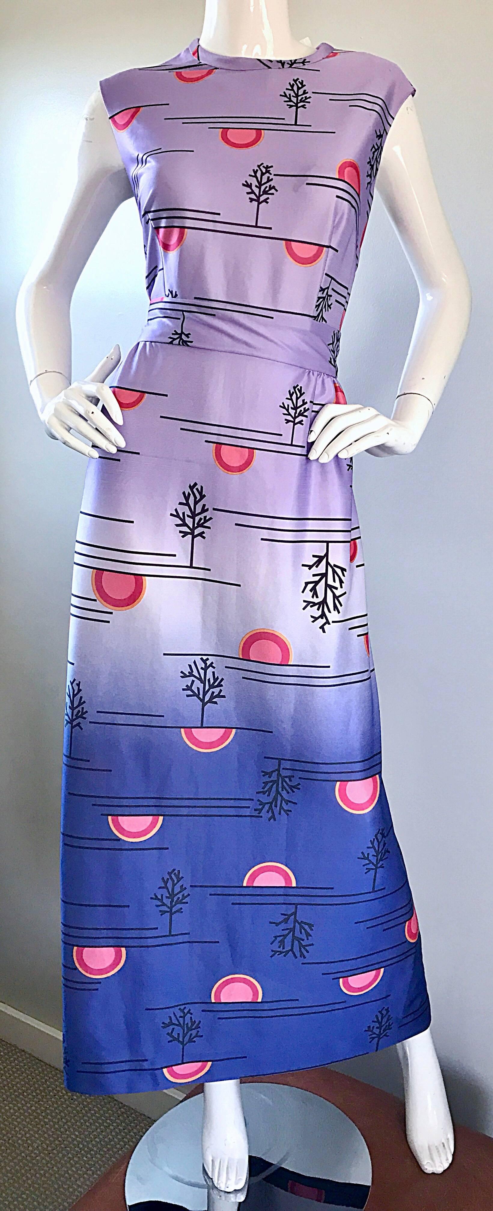 1970s Yves Jennet 70s Ombré Novelty Japanese Tree + Sunset Print Maxi Dress  In Excellent Condition In San Diego, CA