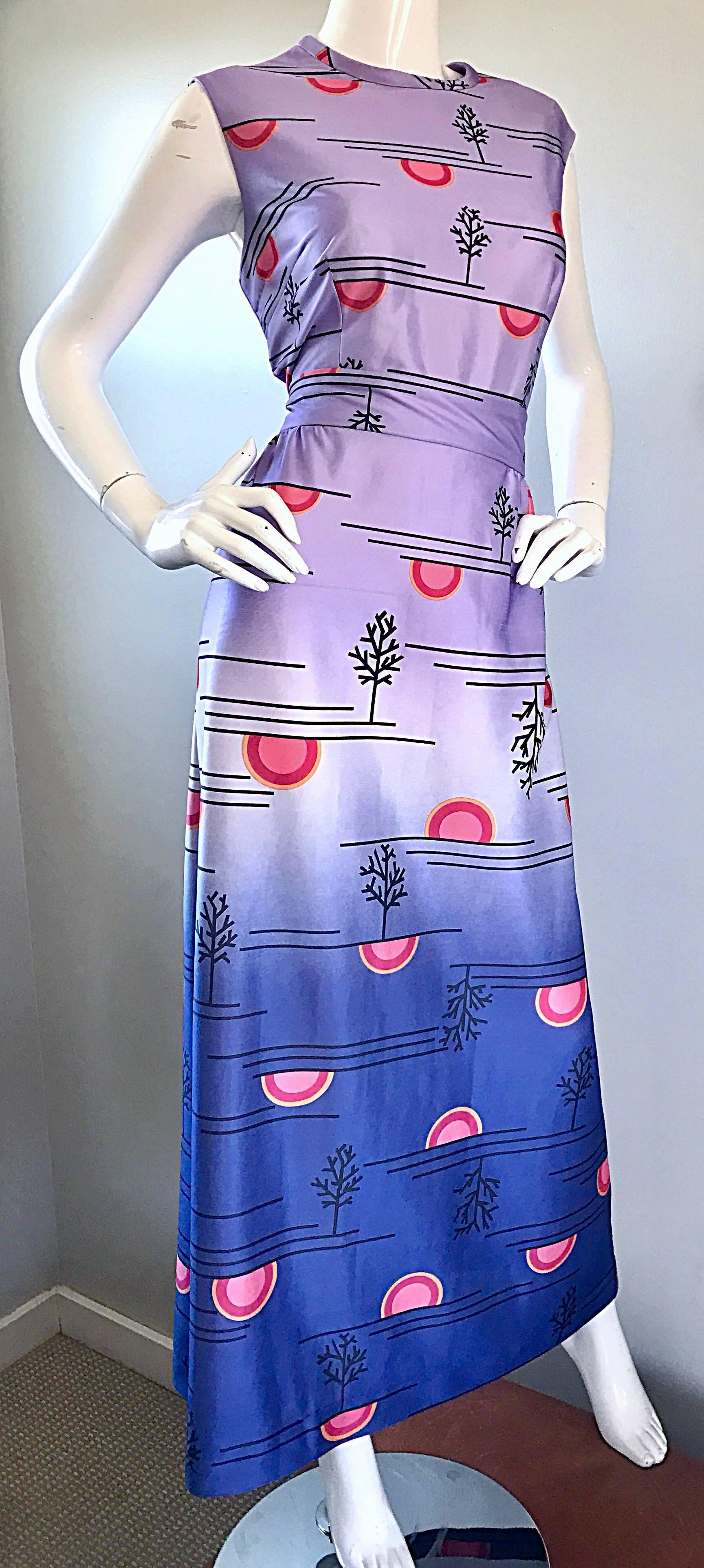 Women's 1970s Yves Jennet 70s Ombré Novelty Japanese Tree + Sunset Print Maxi Dress 