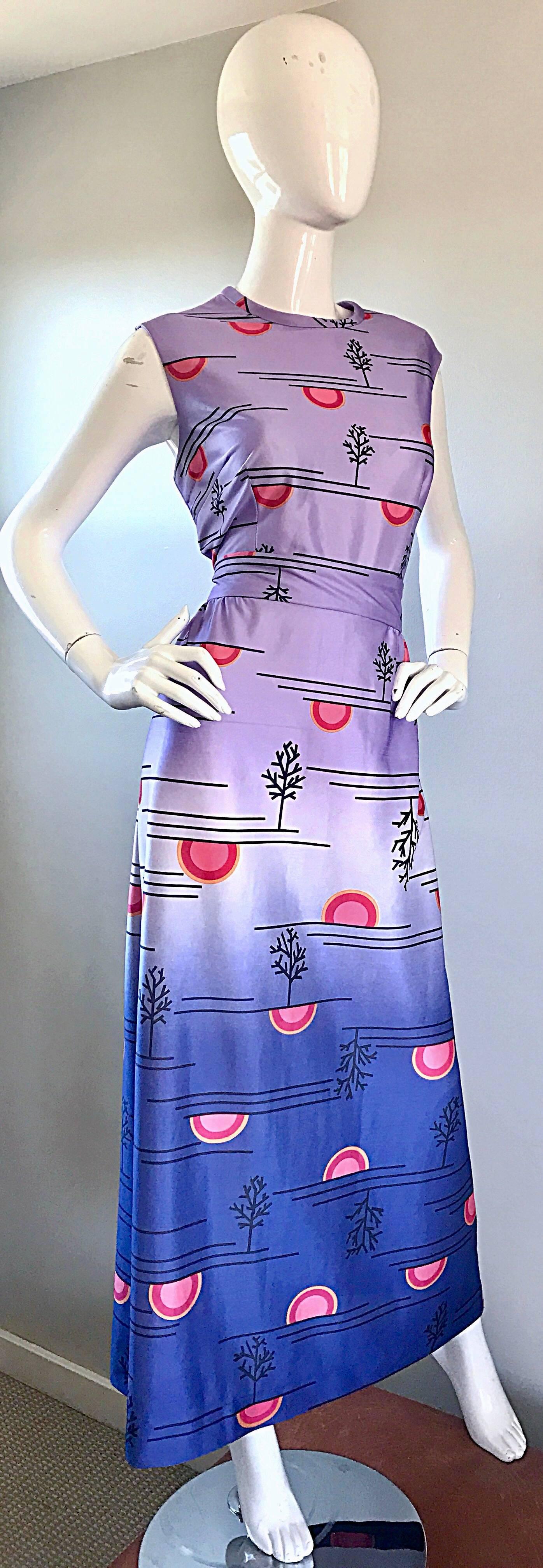 1970s Yves Jennet 70s Ombré Novelty Japanese Tree + Sunset Print Maxi Dress  2