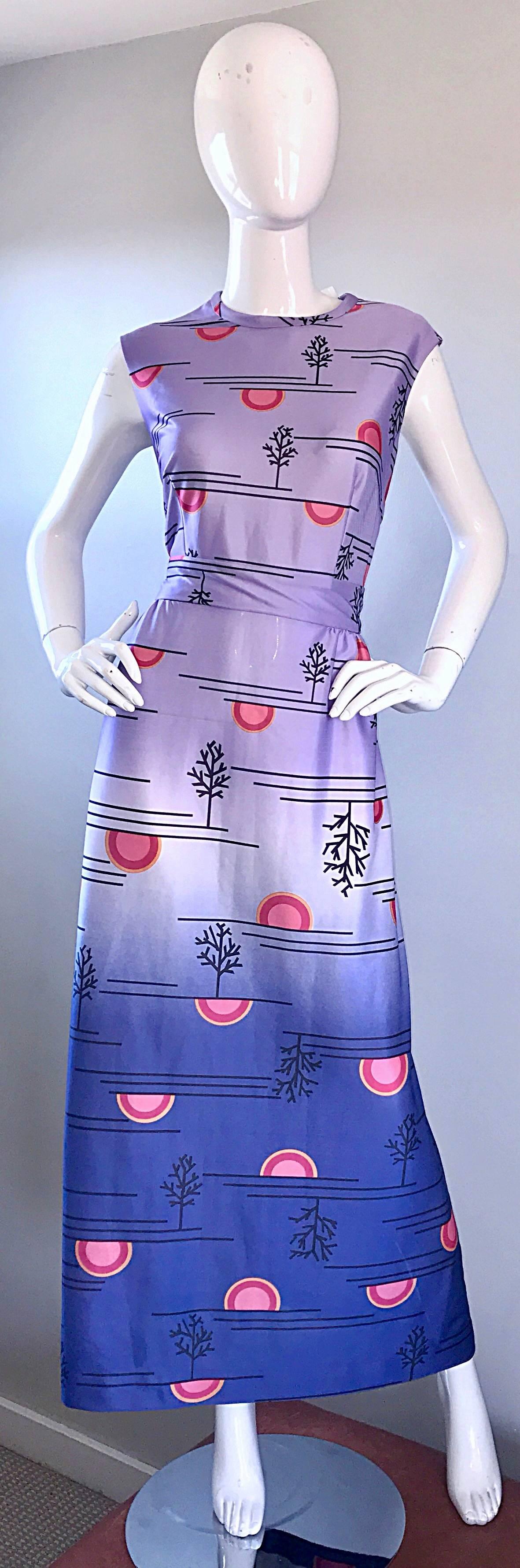 1970s Yves Jennet 70s Ombré Novelty Japanese Tree + Sunset Print Maxi Dress  3