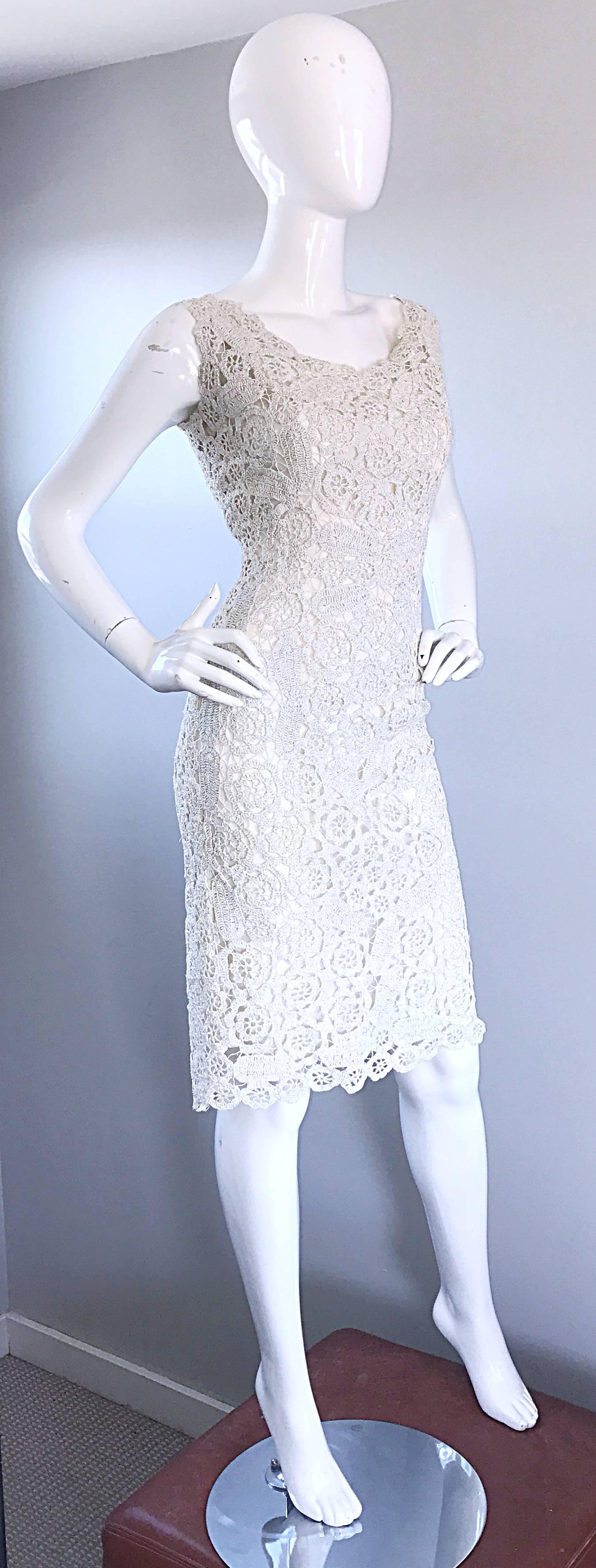 Gray Beautiful 1950s White + Silver Raffia Hand Made Vintage 50s Wiggle Couture Dress For Sale