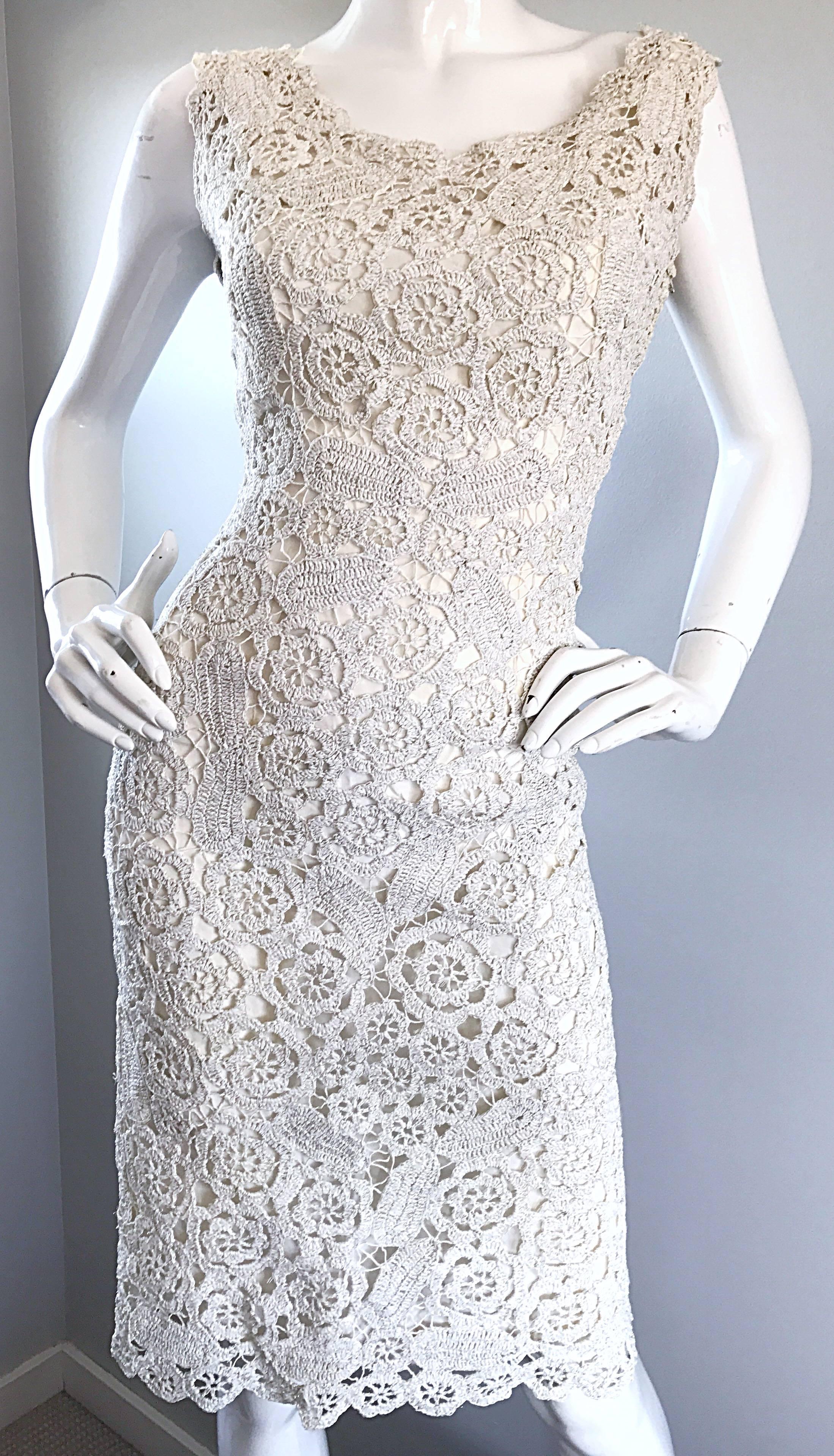 Beautiful 1950s White + Silver Raffia Hand Made Vintage 50s Wiggle Couture Dress For Sale 1
