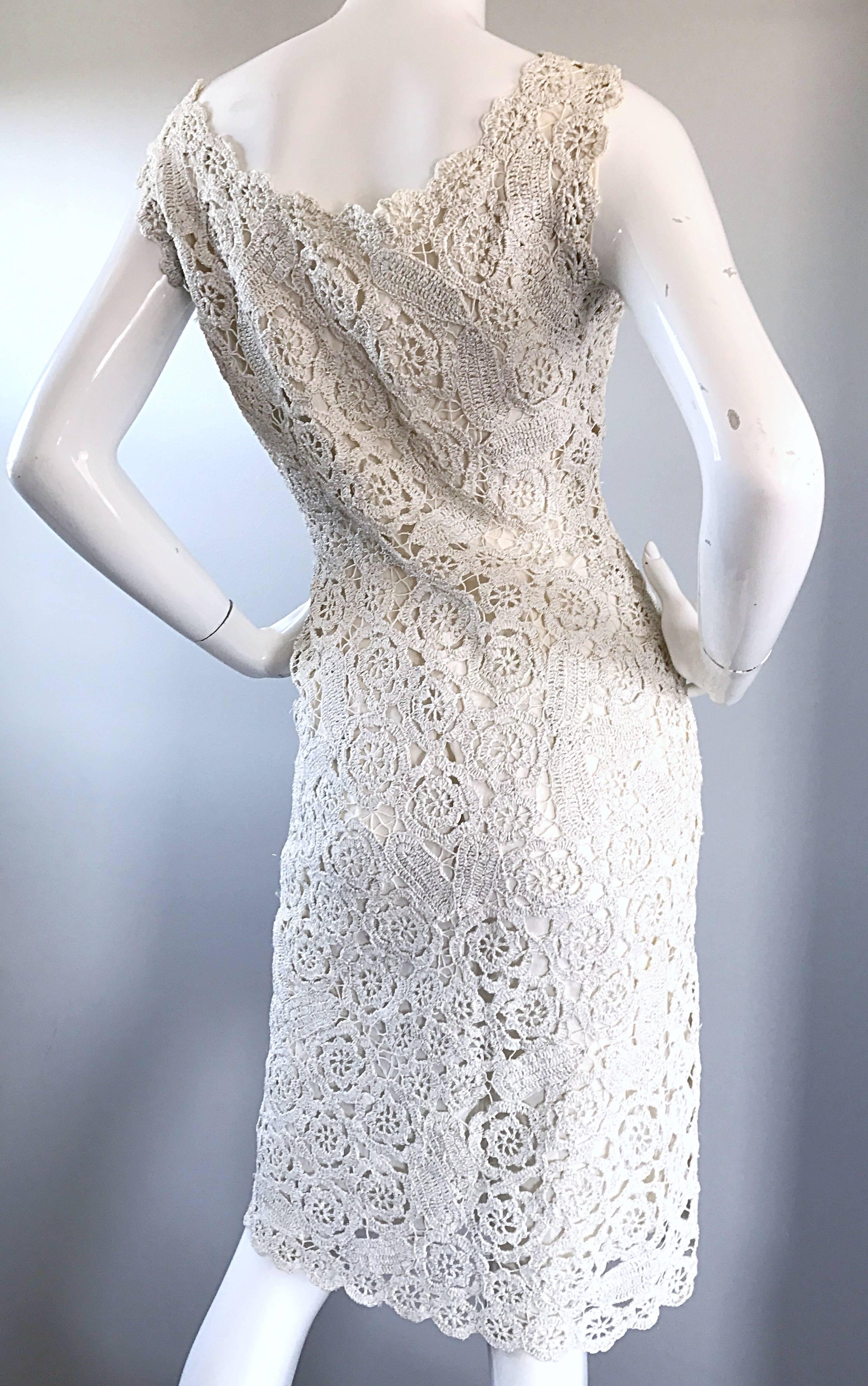 Beautiful 1950s White + Silver Raffia Hand Made Vintage 50s Wiggle Couture Dress For Sale 2